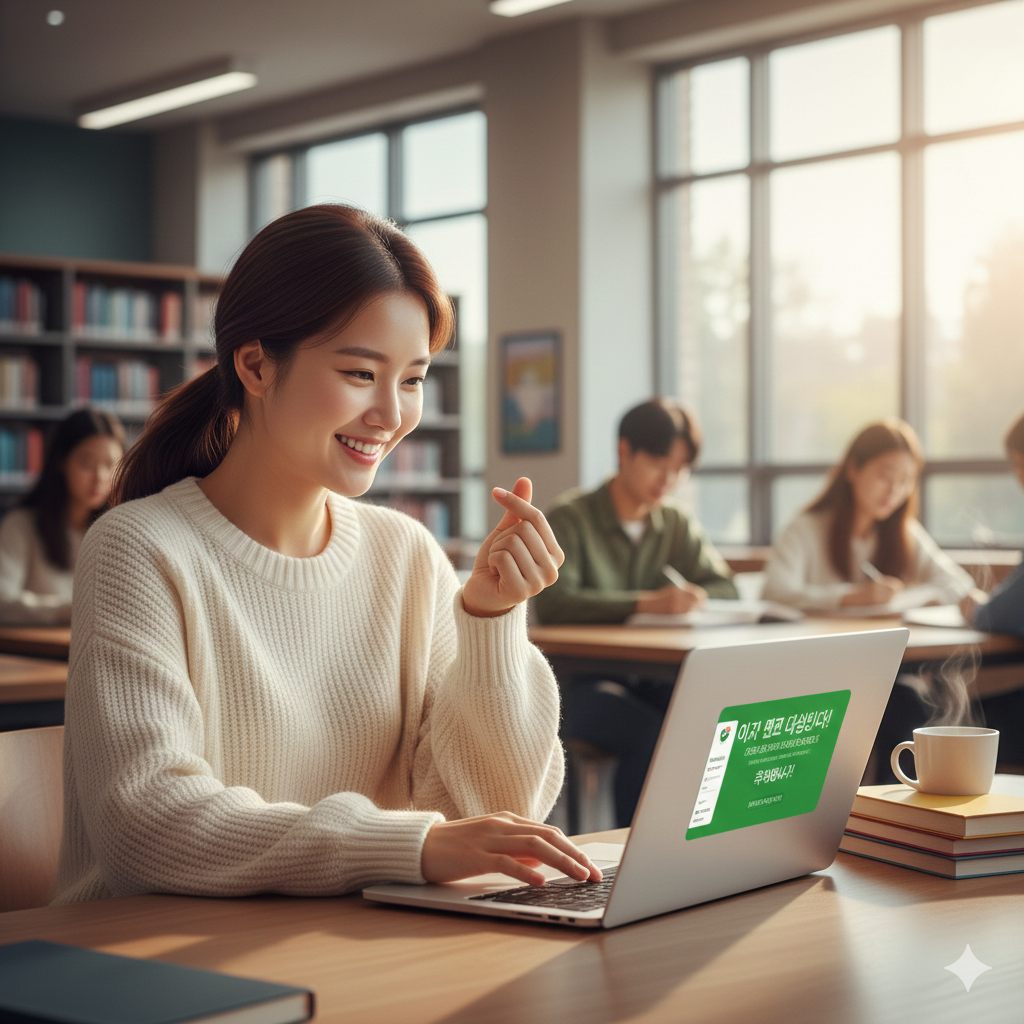 2026학년도 취업 후 상환 학자금 대출(ICL) 을 확인하면서 좋음을 한껏 표현하는 여대생