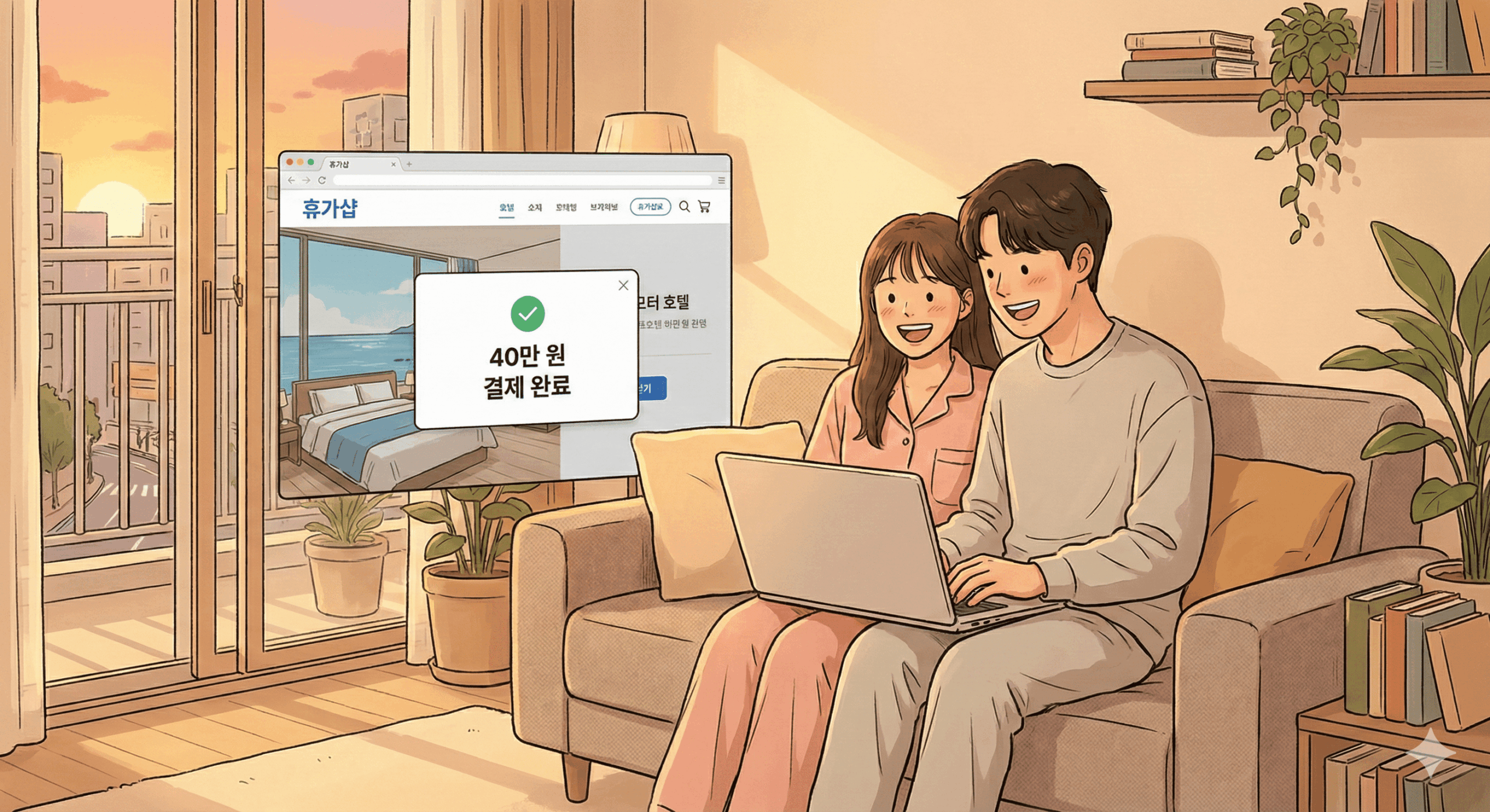 21평 오피스텔 거실에서 청년이 퇴근 후 편안한 옷차림으로 짝꿍과 함께 노트북으로 '휴가샵' 화면을 띄워놓고 오션뷰 호텔을 예약하며 환하게 웃고 있는 따뜻한 감성의 일러스트. 화면에는 '40만 원 결제 완료'라는 알림이 떠 있음.