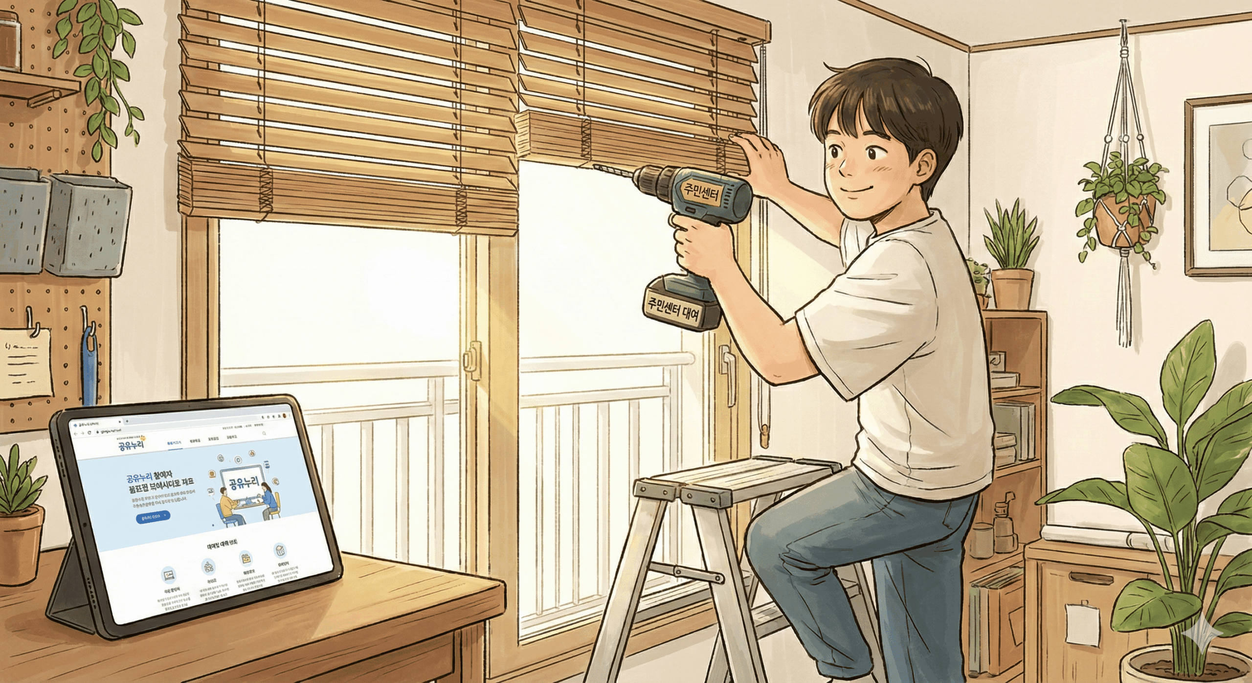 21평 오피스텔 방 안에서 청년이 주민센터에서 대여한 전동 드릴로 블라인드를 설치하며 만족스러운 표정을 짓고 있는 일러스트. 한쪽에는 공유누리 사이트 화면이 떠 있는 태블릿 PC가 놓여 있음.