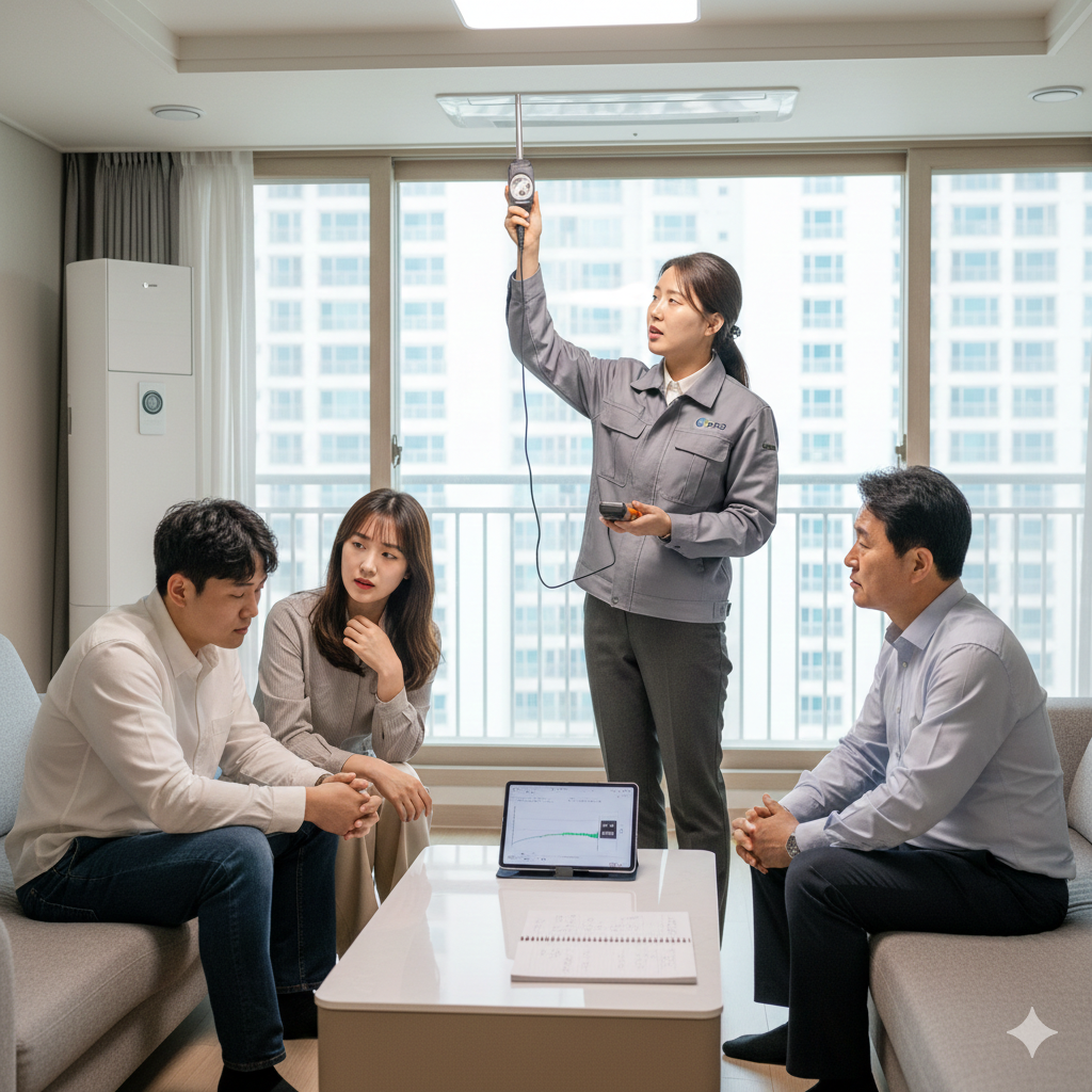 층간소음 이웃사이센터 전문가가 공동주택 현장을 방문하여 소음 원인을 파악하고 중재를 상담하는 모습