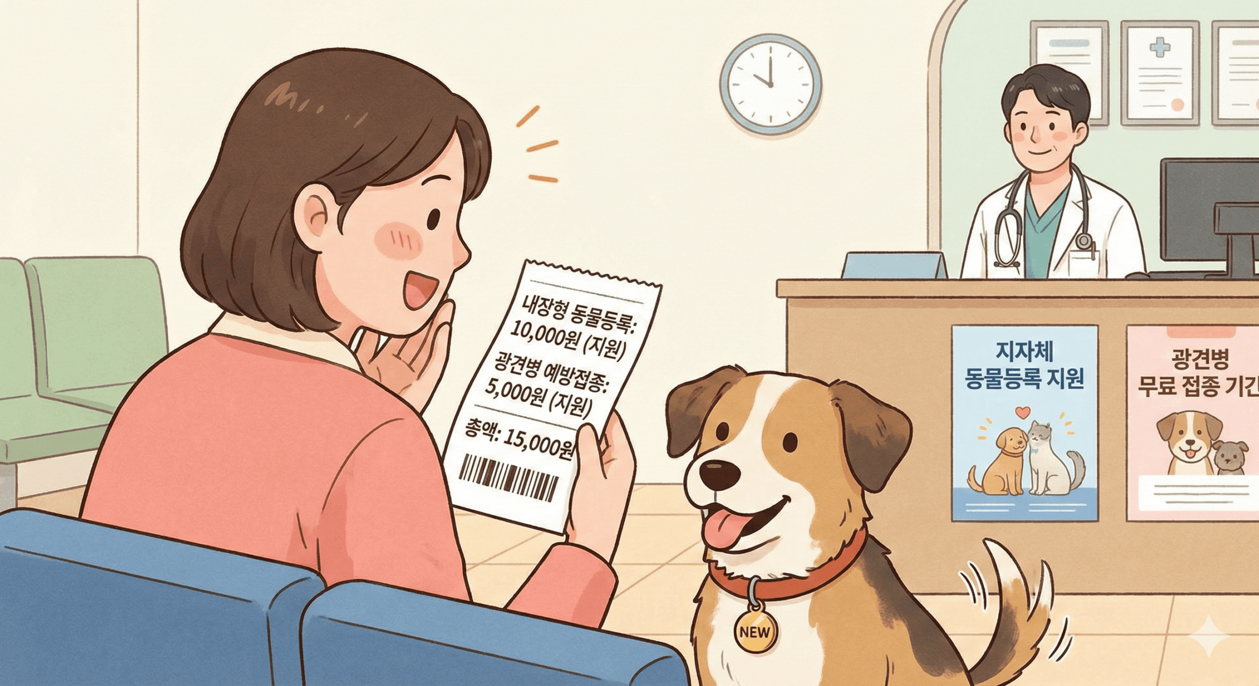 동물병원에서 반려견의 내장형 동물등록과 광견병 예방접종 영수증을 확인하며, 생각보다 훨씬 저렴한 비용에 안도하고 기뻐하는 보호자의 일러스트