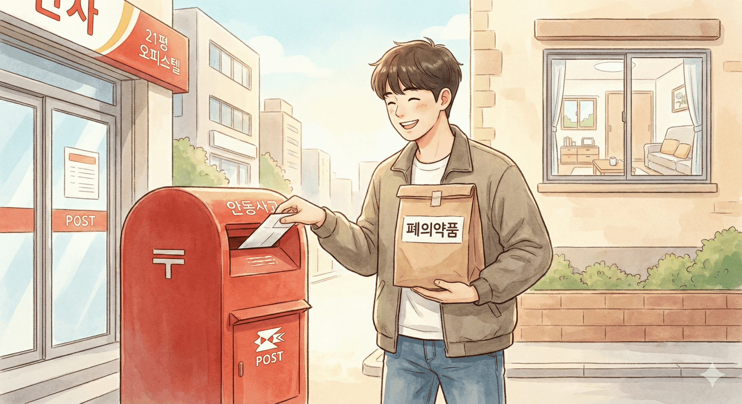 21평 오피스텔에서 대청소를 마친 청년이 '폐의약품'이라고 선명하게 적힌 종이봉투를 들고, 밝은 표정으로 길거리의 빨간 우체통에 봉투를 쏙 넣고 있는 따뜻한 감성의 일러스트.
