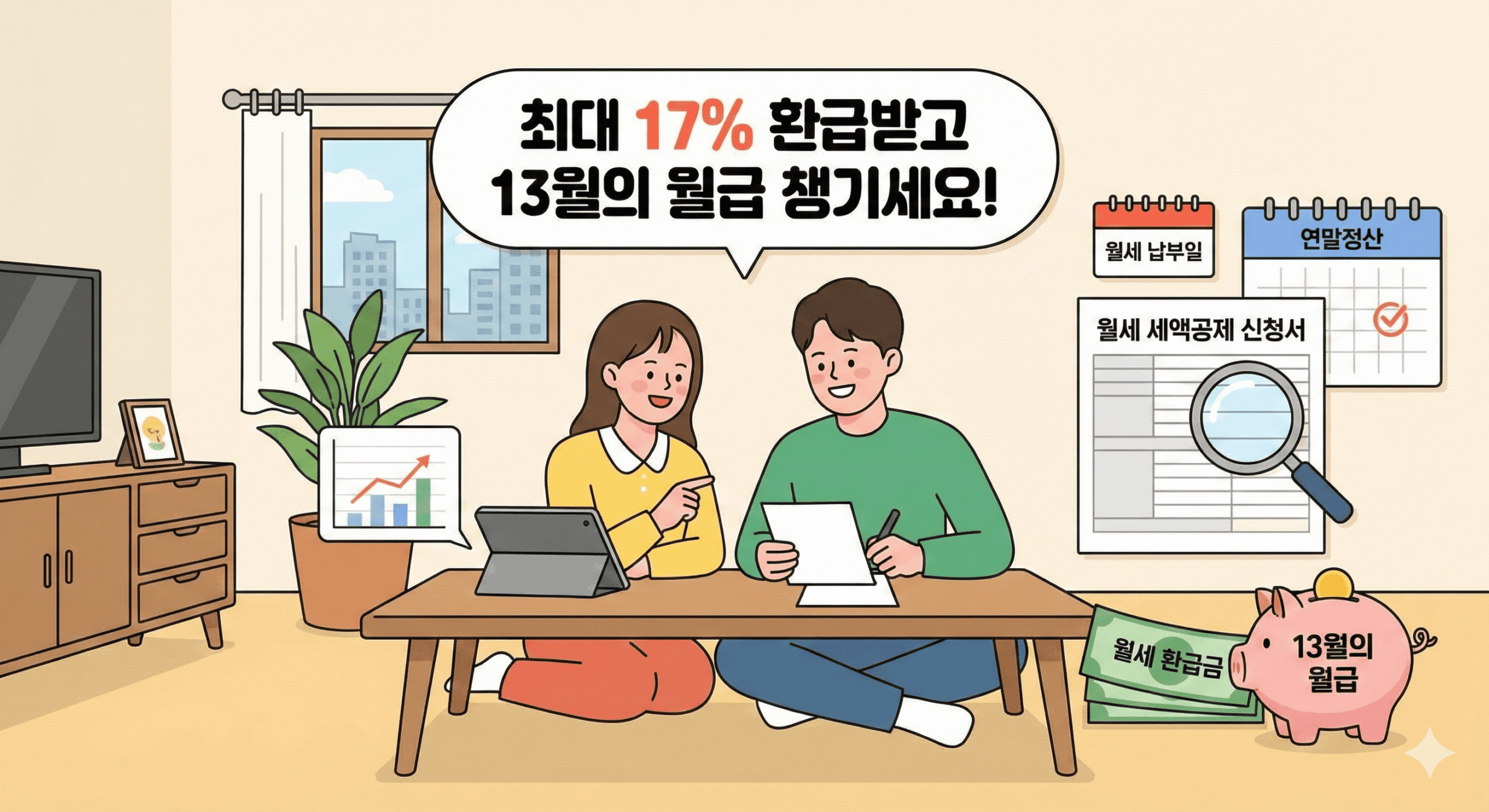 연말정산으로 월세 환급금을 계산하며 13월의 월급을 기대하는 사람들의 기뻐하는 모습과 달력, 저금통 일러스트