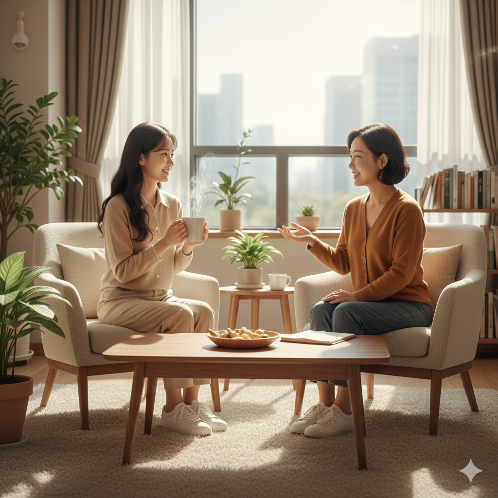 따뜻한 분위기의 상담실에서 전문가와 상담을 나누며 마음의 안정을 찾는 모습