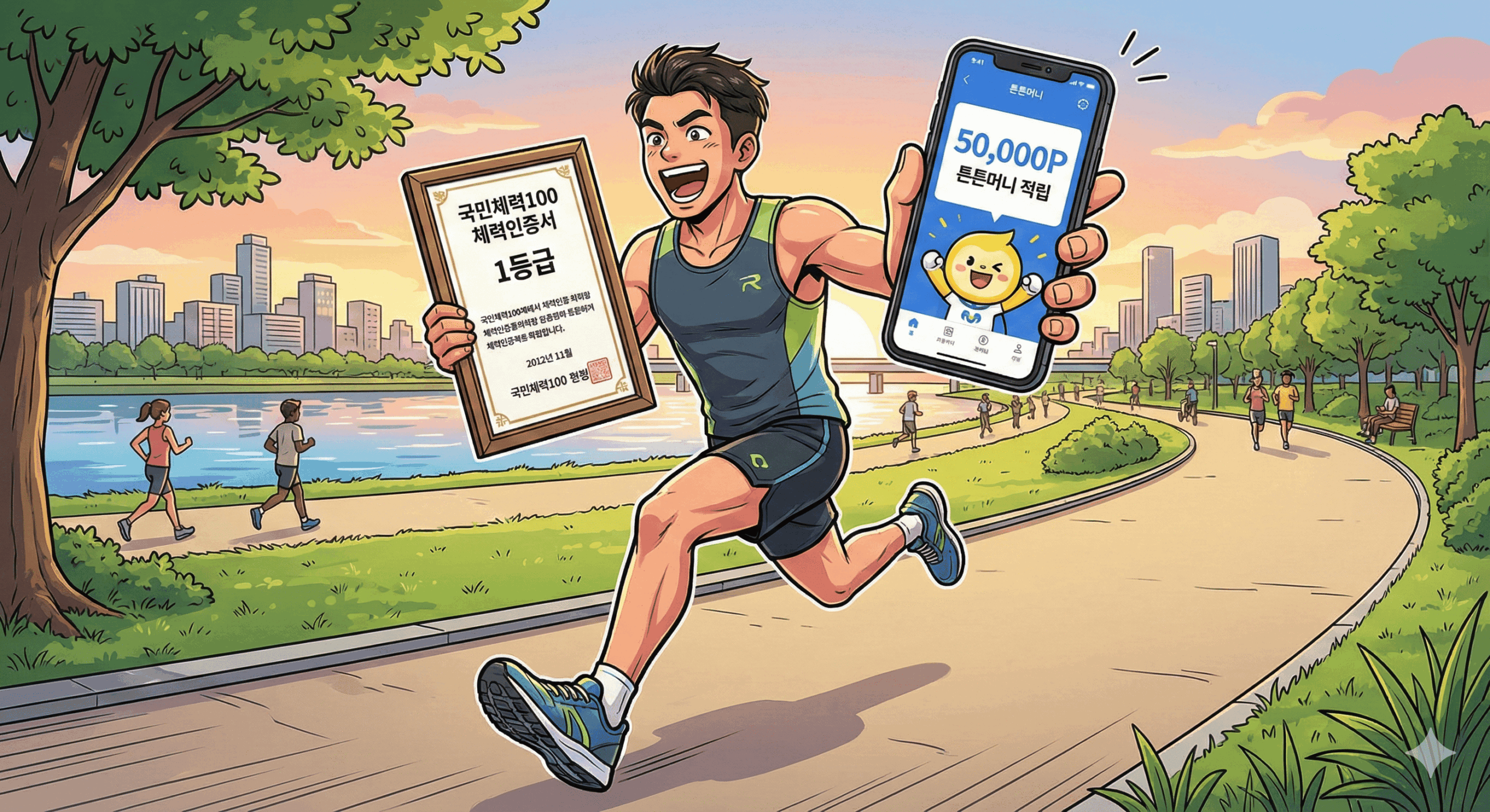 국민체력100 인증서(1등급)와 5만 튼튼머니 포인트가 적립된 스마트폰을 양손에 들고, 멋진 기능성 운동복을 입고 공원 하천변을 달리며 환호하는 활기찬 러너의 일러스트.