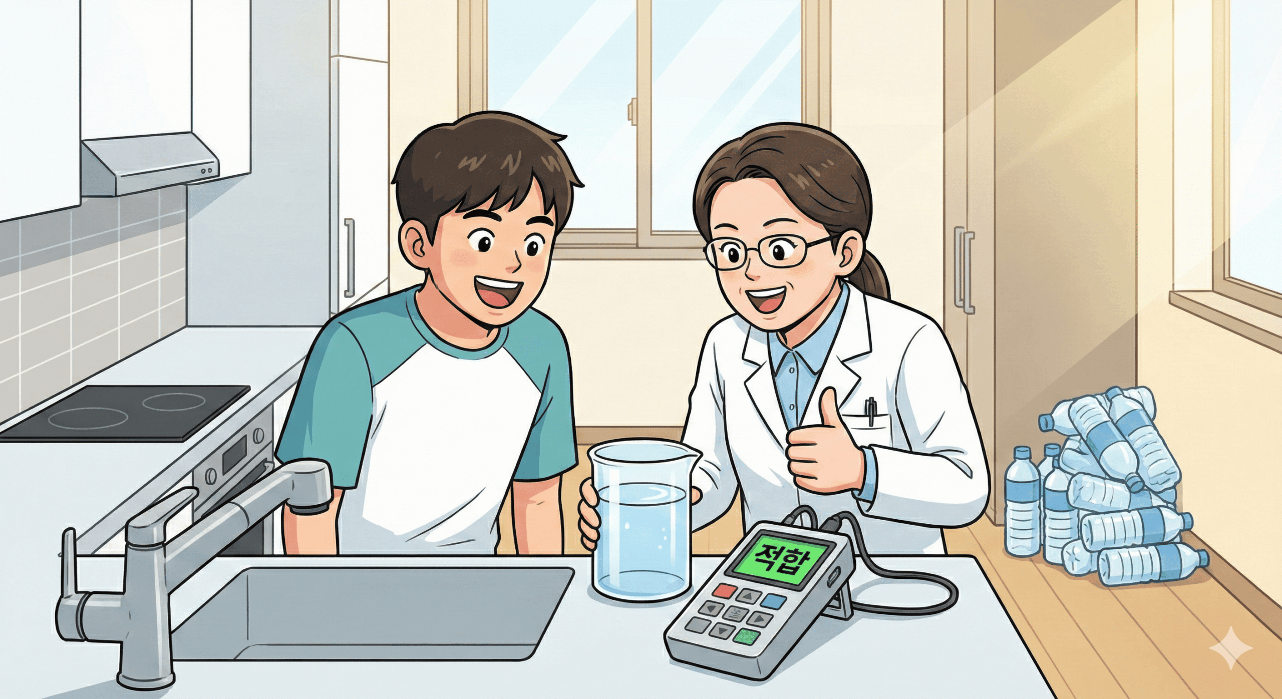 21평 오피스텔 주방 싱크대 앞에서, 수질 검사 장비를 든 전문가와 함께 맑은 수돗물이 담긴 비커를 확인하며 '적합' 결과에 안도하고 기뻐하는 청년의 활기찬 일러스트. 배경에는 더 이상 필요 없어진 텅 빈 생수 페트병들이 한구석에 치워져 있음.