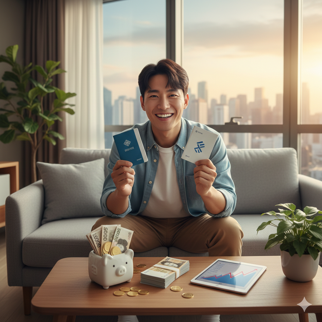 청년미래적금을 통해 3년 후 2,200만 원의 목돈을 마련하고 기뻐하는 청년의 모습