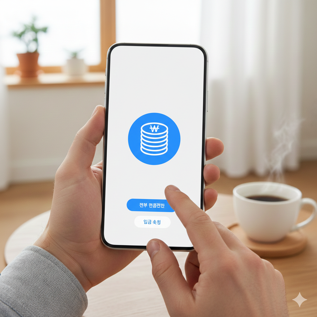 스마트폰 앱을 통해 여러 카드사의 잔여 포인트를 확인하고 본인 계좌로 현금 전환 신청을 하는 화면