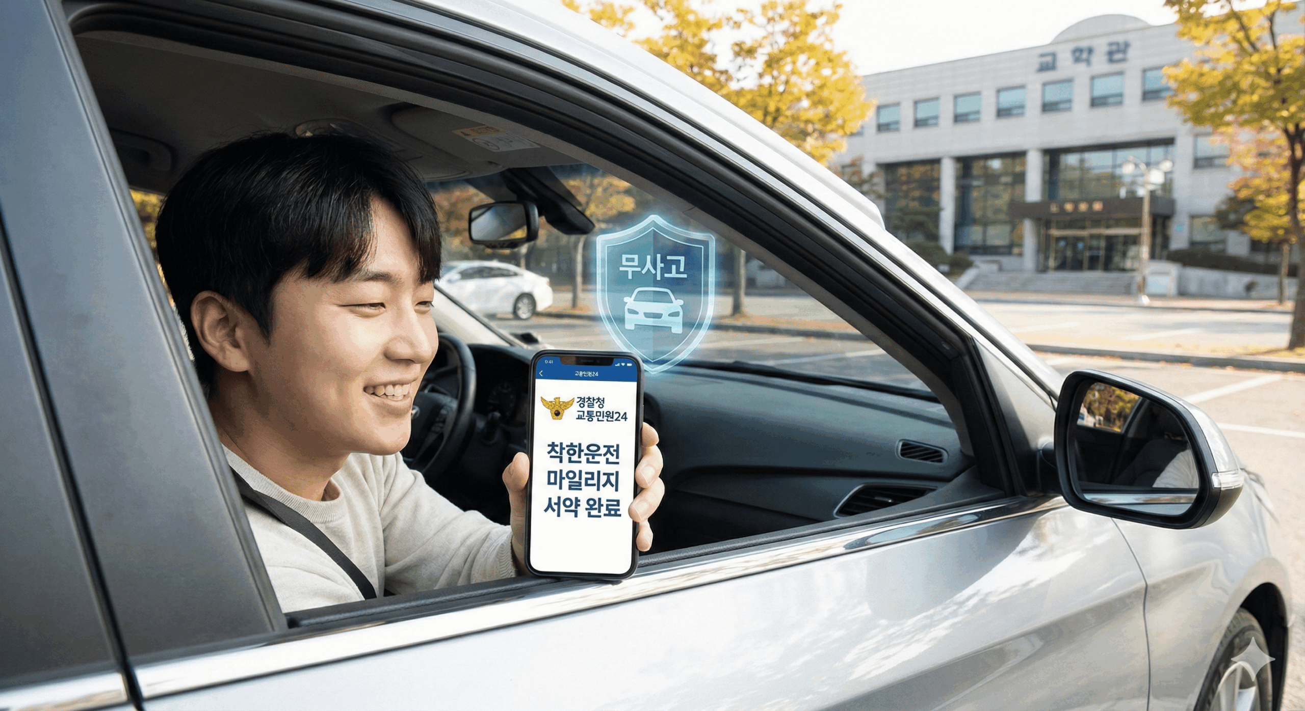 도서관 주차장에 차를 세운 청년이 스마트폰으로 경찰청 교통민원24 앱에 접속해 '착한운전 마일리지 서약 완료' 화면을 띄워 놓고, 심리적 압박감에서 벗어나 안도하며 활짝 웃고 있는 일러스트. 배경에는 자동차와 무사고를 상징하는 방패 모양의 홀로그램이 빛나고 있음.