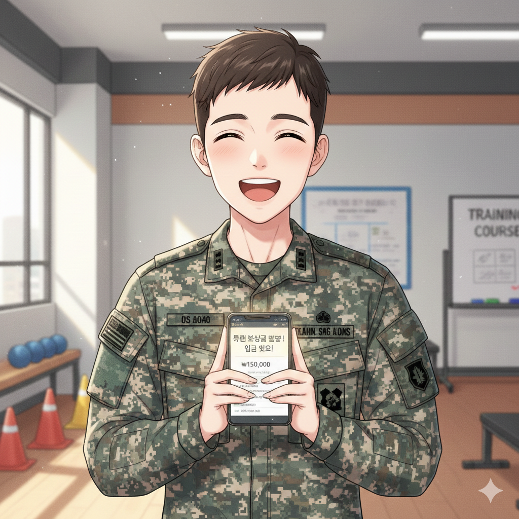 군복 입은 사촌 동생이 훈련을 마치고 스마트폰에 자동으로 입금 알림이 뜬 훈련 보상금 내역을 확인하며, 안도감에 활짝 웃고 있는 일러스트