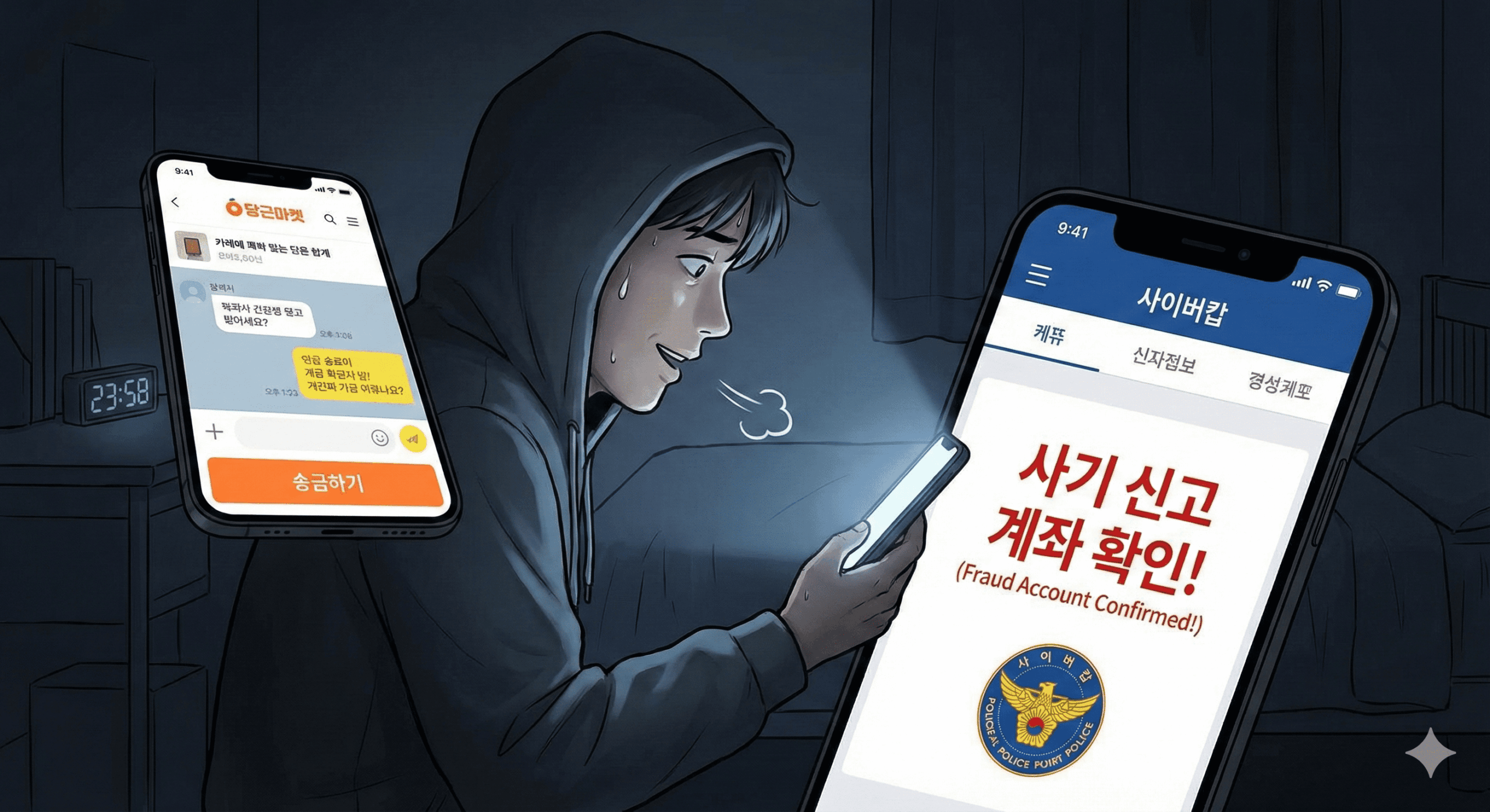 어두운 방 안에서 스마트폰으로 당근마켓 중고 거래를 하던 사람이, 입금 직전 사이버 경찰청 접속해서 신고 계좌임을 확인하고 땀을 흘리며 안도하는 모습의 일러스트