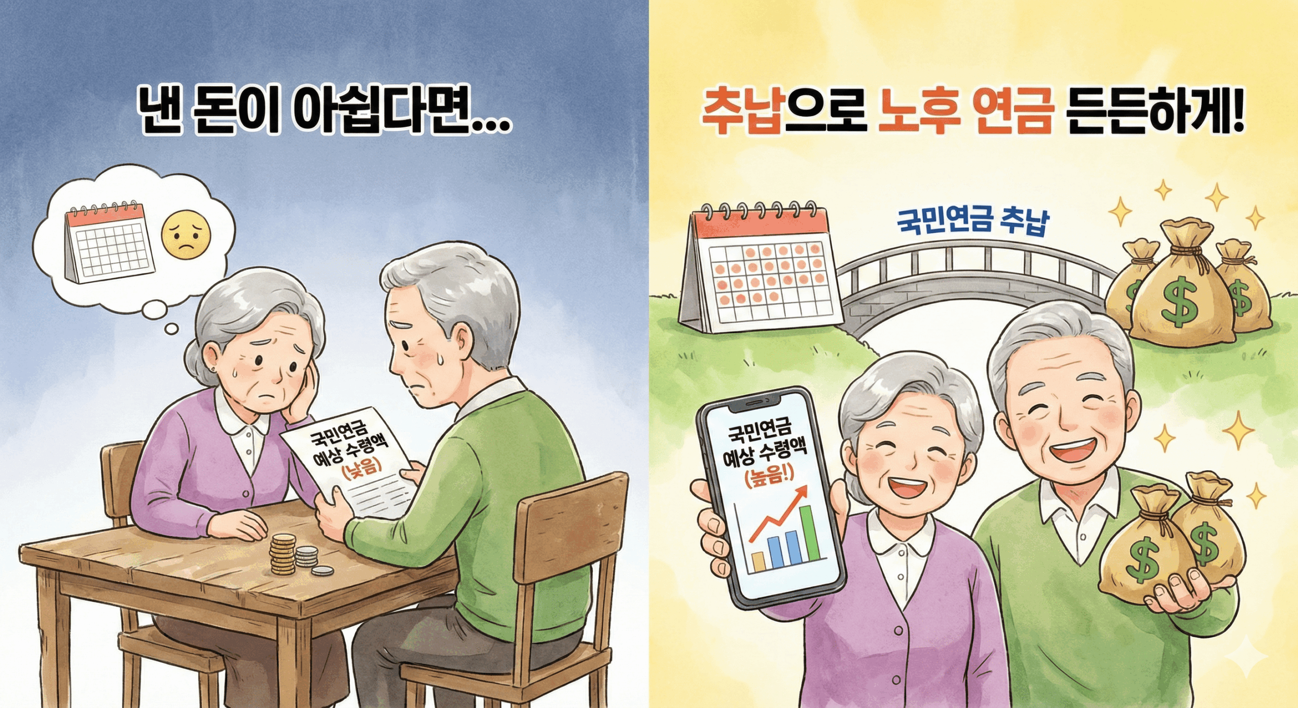 적은 국민연금 예상 수령액에 근심하던 노부부가 '추납 제도'를 알고 난 뒤, 스마트폰으로 높아진 연금액을 확인하며 활짝 웃는 모습을 대비한 일러스트