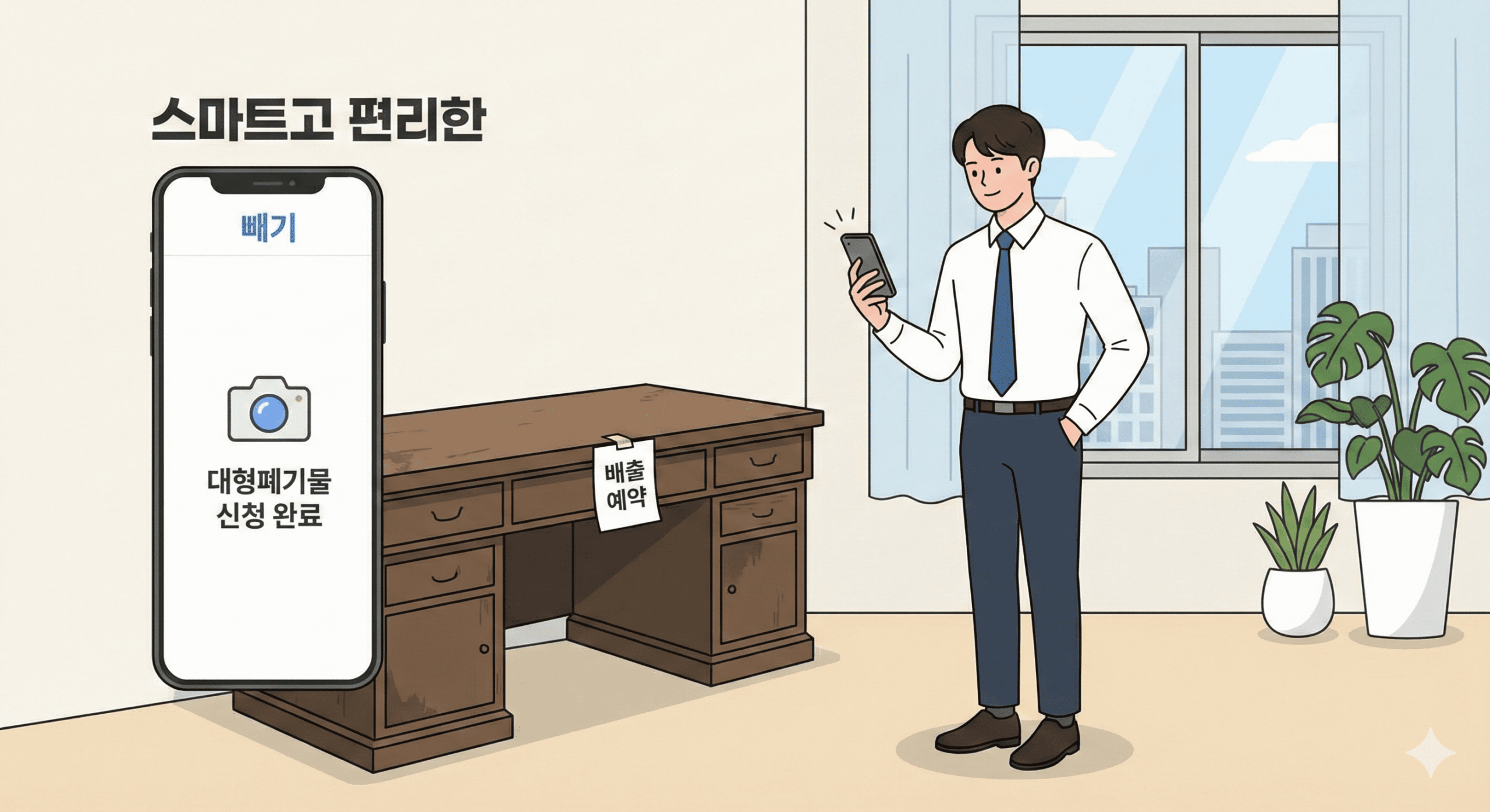 21평 오피스텔 방 안에서 깔끔한 직장인 복장을 한 청년이 버리려고 내놓은 낡고 무거운 책상을 향해 스마트폰 카메라로 사진을 찍으며 앱으로 대형폐기물 배출 신청을 하고 있는 편리하고 스마트한 모습의 일러스트.