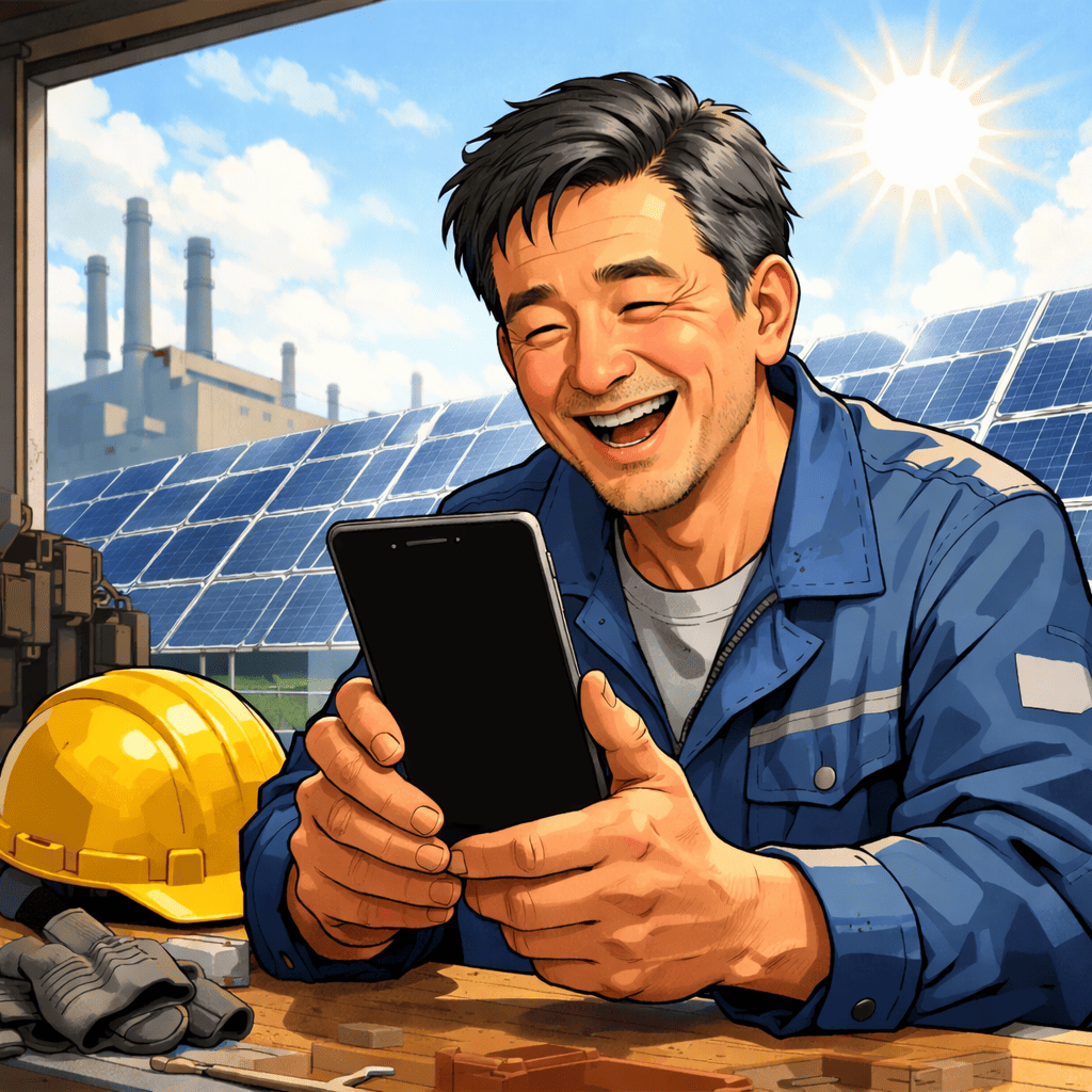 안전모를 쓰고 작업복을 입은 중년의 삼촌(공장장)이 밝고 환한 표정으로 태블릿 PC를 들여다보는 일러스트. 화면에는 '산업용 낮 시간 전기료 대폭 인하! 주말 50% 할인'이라는 그래프가 상향 곡선을 그리며 띄워져 있다. 뒷배경으로는 활기차게 돌아가는 깨끗한 공장 설비 위로 밝은 태양과 태양광 패널이 빛나고 있어, 친환경 재생에너지의 혜택이 중소기업의 든든한 원가 절감으로 이어지는 긍정적인 분위기를 전달한다.