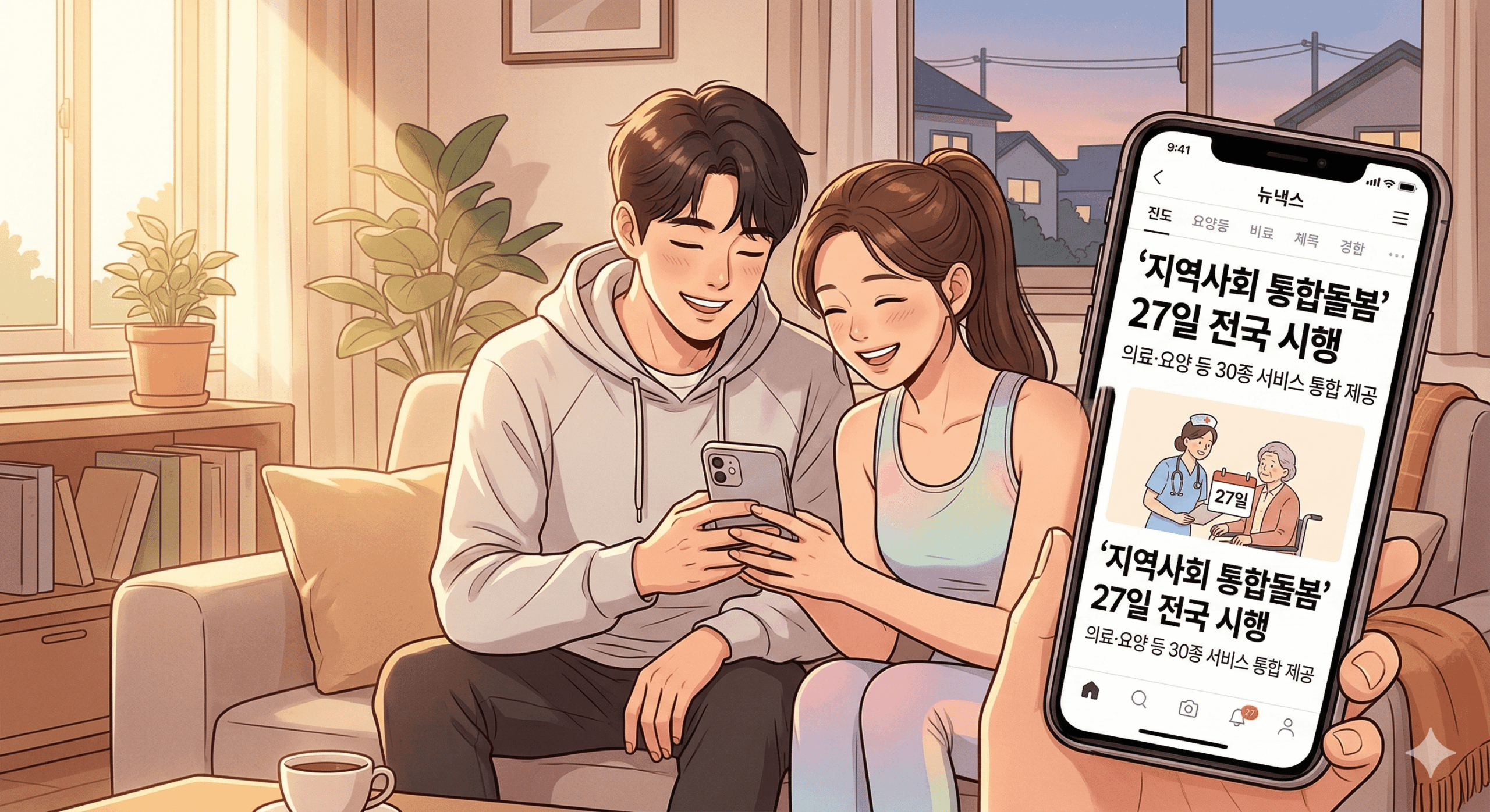 따뜻한 햇살이 들어오는 아늑한 거실 소파에 앉아, 가벼운 러닝복 차림의 청년과 짝꿍 재순이가 나란히 스마트폰 화면에 뜬 '지역사회 통합돌봄 전국 시행' 뉴스를 읽으며 고향에 계신 부모님의 노후 걱정을 덜고 환하게 안도하는 표정을 짓고 있는 일러스트.