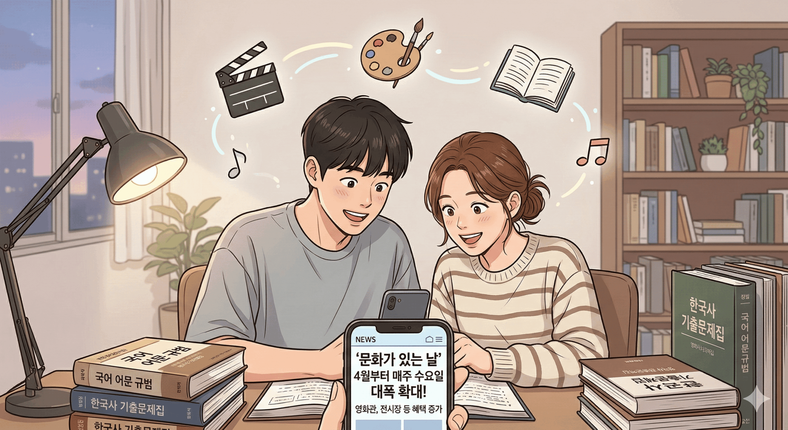 아늑한 집안, 책상 위에 공무원 수험서가 놓인 방에서 가벼운 차림의 청년과 짝꿍 재순이가 스마트폰 화면으로 '4월 매주 수요일, 문화가 있는 날 대폭 확대' 정책 뉴스를 함께 보며 환하게 웃고 있는 일러스트.