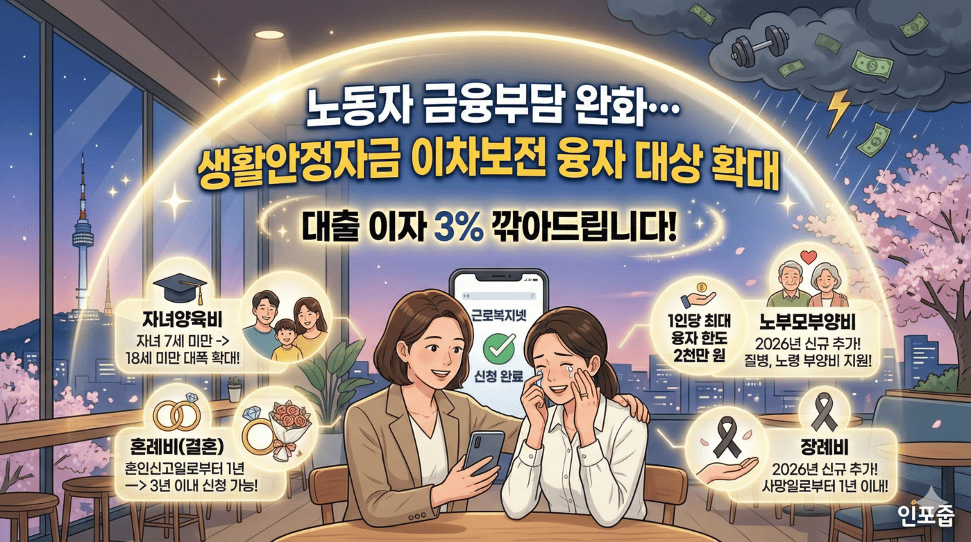 2026 생활안정자금 융자 확대 인포그래픽. 대출 이자 3% 지원 및 4대 혜택(자녀양육, 혼례, 노부모부양, 장례비)을 친구에게 스마트폰으로 알려주는 따뜻한 일러스트입니다.