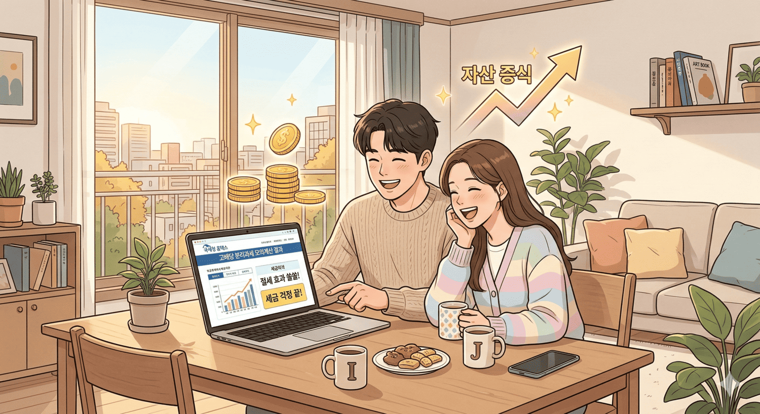 아늑한 21평 오피스텔 거실 테이블에 마주 앉은 청년과 짝꿍 재순이가 노트북 화면으로 주식 배당금 내역과 국세청 홈택스의 절세 모의계산기를 띄워놓고 환하게 웃고 있는 일러스트. 두 사람 주변으로는 든든하게 쌓여가는 금화와 상승하는 화살표 그래프가 그려져 있으며, 금융소득종합과세의 두려움을 벗어던지고 똑똑하게 미래 자산을 불려 나가는 부부의 여유로운 모습이 담겨 있다.