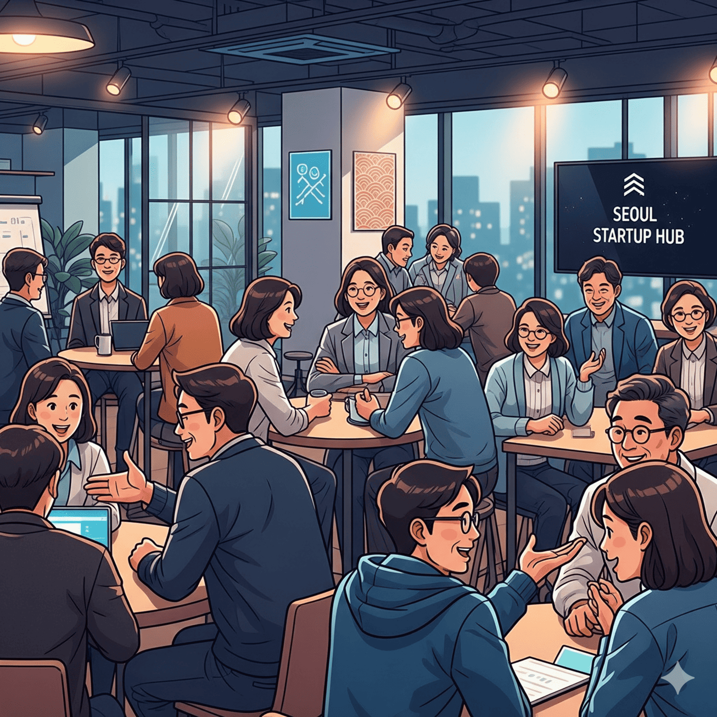 활기찬 분위기의 국내 스타트업 네트워킹 행사장에서 예비 창업가들과 성공한 선배 멘토들이 밝은 표정으로 아이디어를 나누며 열정적으로 교류하는 모습.