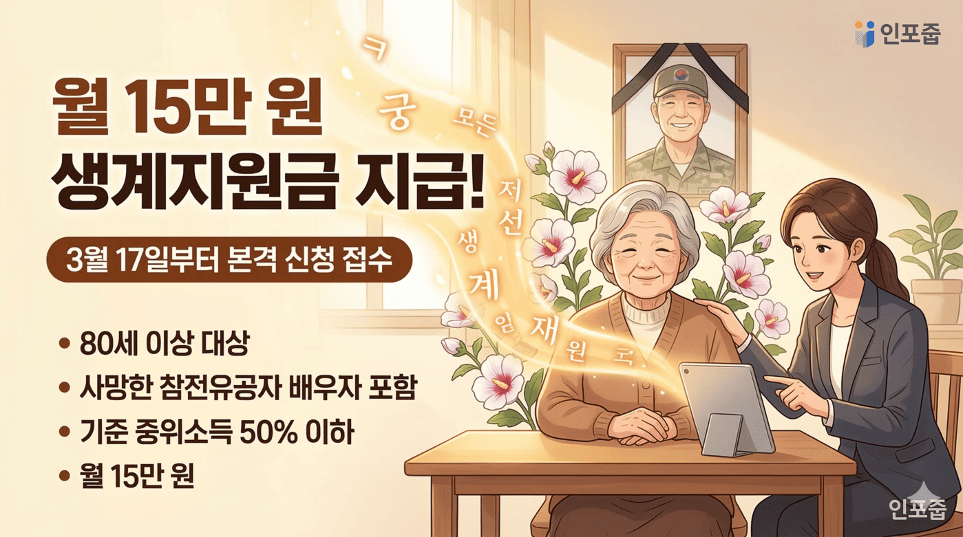 따뜻한 실내를 배경으로 책상에 앉아 있는 할머니와 태블릿PC를 이용해 신청을 도와주는 인포줍 직원이 그려져 있습니다. 할머니 뒤편 벽에는 군복을 입고 인자하게 웃고 있는 참전유공자 할아버지의 영정 사진과 함께 화사한 무궁화 꽃이 장식되어 있습니다. 무궁화 꽃에서 할머니를 향해 빛나는 에너지가 퍼져 나가며 '쿠', '궁', '모든', '재', '선', '계', '임', '재', '원', '국' 등의 글자가 형상화되어 있습니다. 우측 상단과 하단에는 '인포줍' 로고가 표시되어 있습니다.