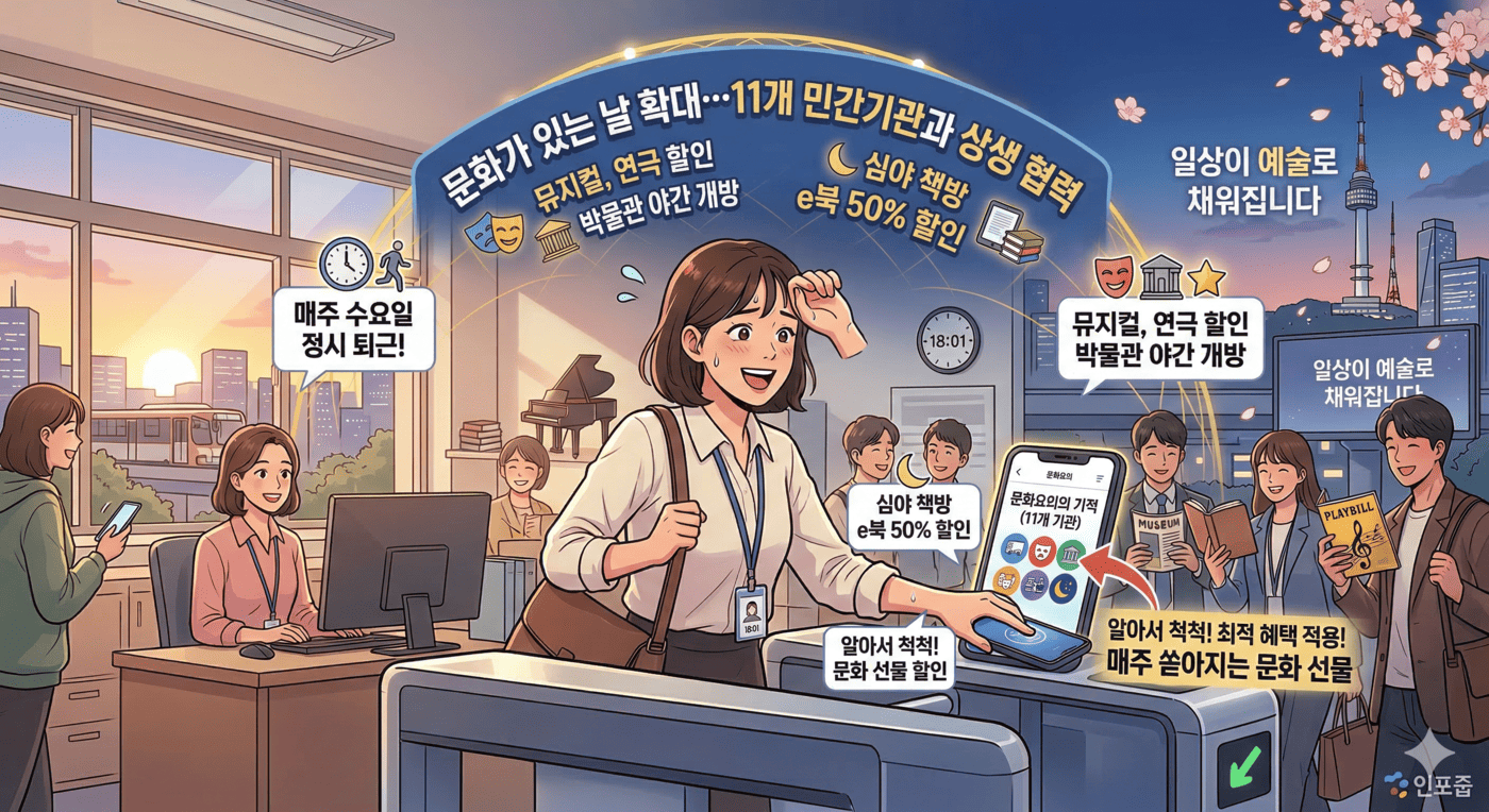 박쁜 업무를 마친 학교 행정실 직원이 설레는 마음으로 '문화요일' 혜택을 누리러 가는 모습을 따뜻한 웹툰 스타일로 표현했습니다. 매주 수요일 정시 퇴근 후, 뮤지컬과 연극 할인, 박물관 야간 개방, 심야 책방 등 11개 민간 및 공공기관이 함께 제공하는 다채로운 문화 선물들이 일상을 예술로 가득 채워주는 순간을 시각적으로 담아냈습니다. 인포줍 로고가 함께합니다.