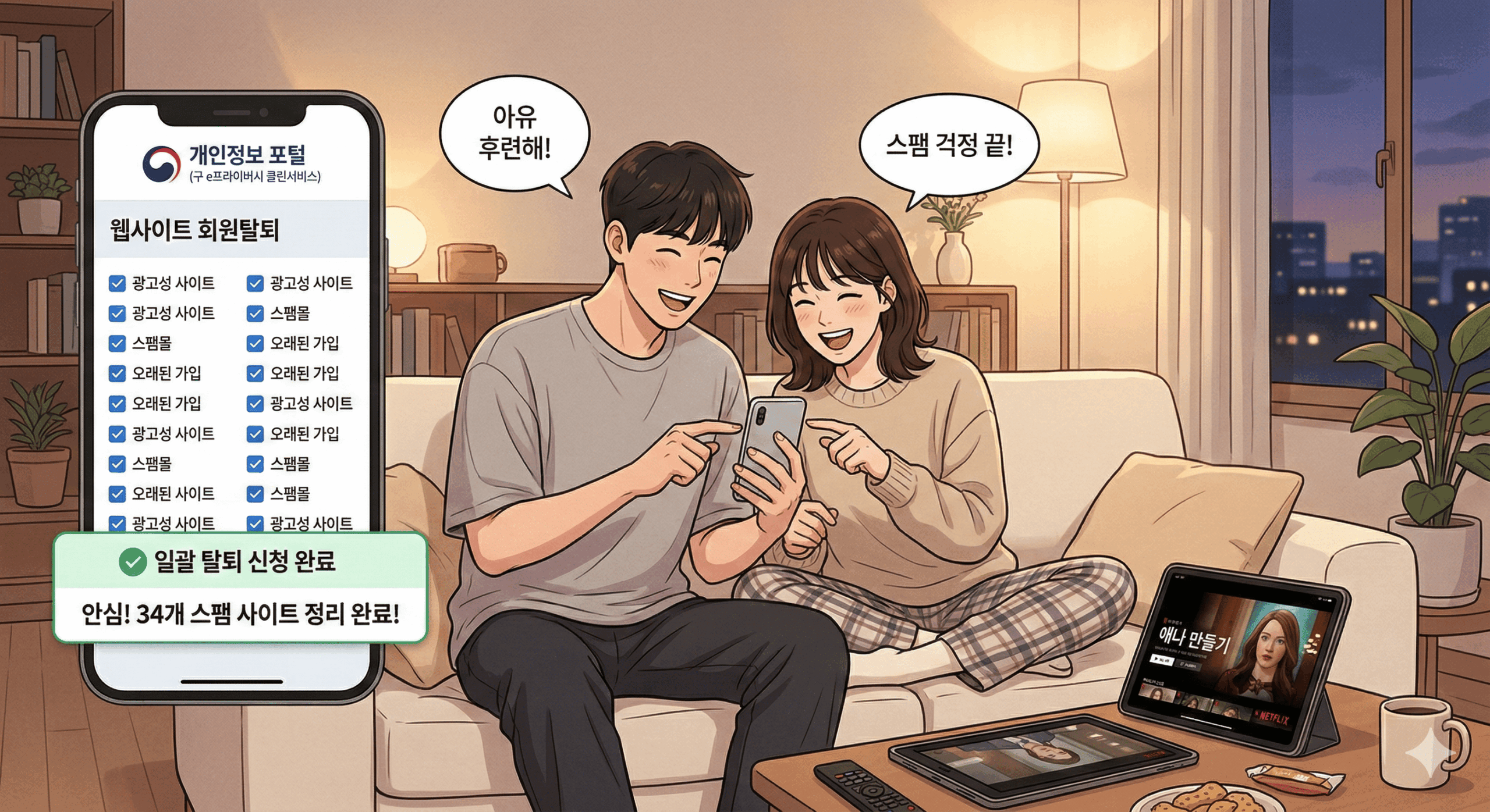 거실 소파에 앉아 편안한 차림의 청년과 짝꿍이 나란히 스마트폰으로 '개인정보 포털' 화면을 띄워놓고, 수십 개의 불필요한 스팸 웹사이트 가입 내역을 일괄 탈퇴 처리하며 후련하고 안도하는 표정을 짓고 있는 일러스트. 배경에는 은은한 조명과 함께 넷플릭스 화면이 켜진 태블릿 PC가 놓여 있음.