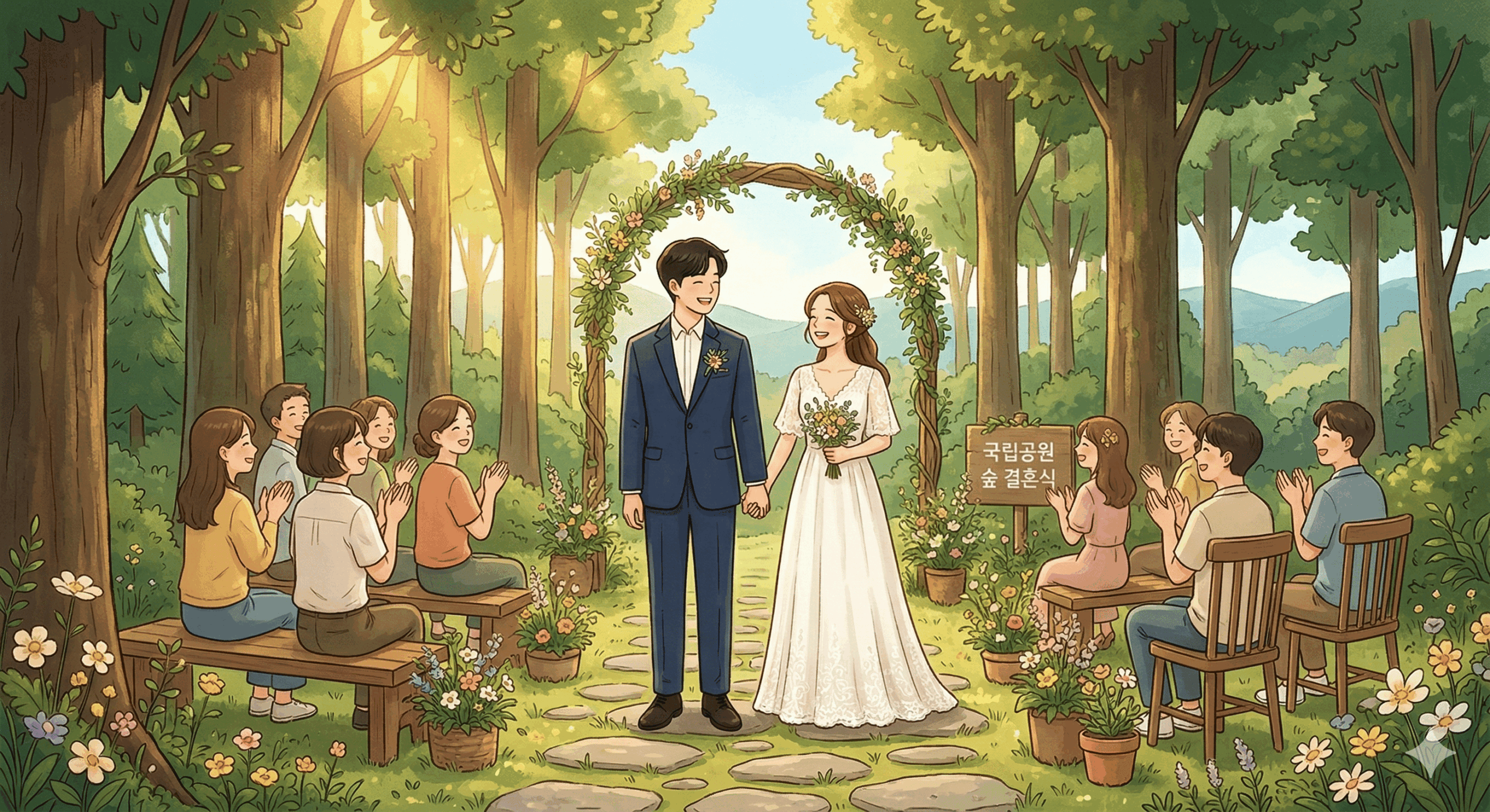 푸른 나무와 따뜻한 햇살이 가득한 국립공원 야외 숲속 버진로드에서, 수수한 웨딩드레스와 턱시도를 입은 청년과 재순이가 손을 맞잡고 환하게 웃으며 소박하지만 아름다운 결혼식을 올리고 있는 일러스트. 하객들이 앉은 의자 주변으로는 자연스러운 꽃장식이 돋보이며, 경제적 부담을 덜어낸 두 사람의 얼굴에는 여유와 행복이 가득하다.