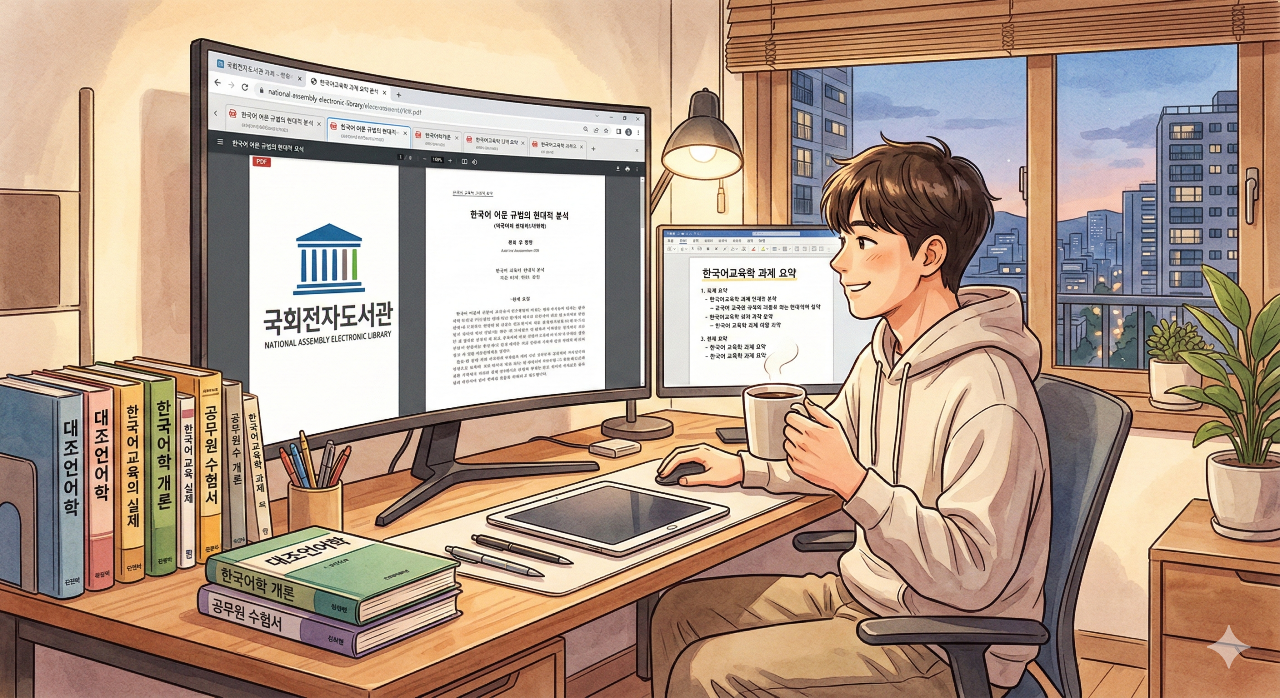 21평 오피스텔 방 안의 아늑한 책상 앞에 앉아, 모니터 화면 가득 '국회전자도서관' 논문 원문을 띄워놓고 여유롭게 커피를 마시며 깊이 있는 전공 공부에 집중하고 있는 수험생의 만족스러운 모습이 담긴 일러스트. 책상에는 한국어교육 전공 서적들이 깔끔하게 정리되어 있음.