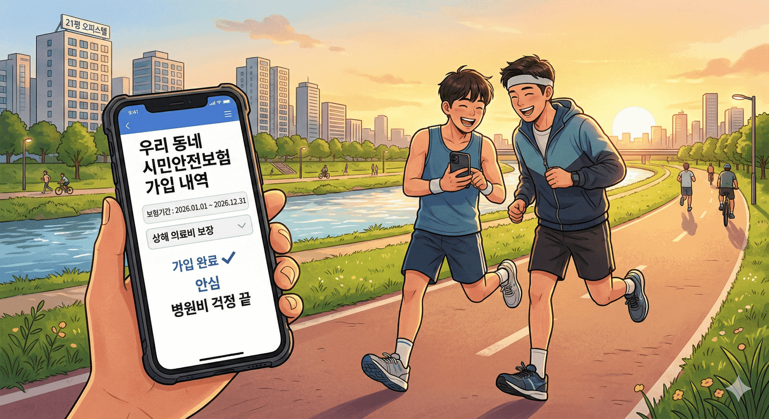 21평 오피스텔 근처 탁 트인 하천변에서 스포티한 러닝복 차림의 청년과 짝꿍이 스마트폰 화면에 뜬 '우리 동네 시민안전보험 가입 내역'을 확인한 뒤, 병원비 걱정을 덜고 안도하며 활기차게 달리기 훈련을 시작하는 일러스트.