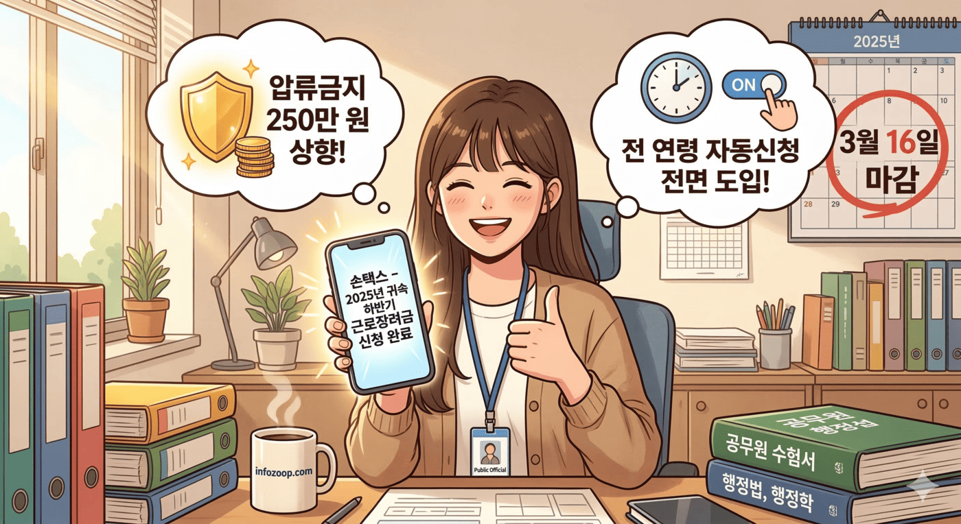 학교 행정실 책상 위, 각종 예산 서류와 공무원 수험서가 놓인 곁에서 스마트폰 '손택스' 앱으로 '2025년 하반기 근로장려금 신청 완료' 화면을 띄워놓고 환하게 웃고 있는 모습의 일러스트. 탁력의 날짜는 '3월 16일 마감'에 붉은 동그라미가 쳐져 있고, 화면 위로는 '압류금지 250만 원 상향', '전 연령 자동신청 도입'이라는 말풍선이 떠올라 있어, 바쁜 일상 속에서도 똑똑하게 국가 혜택을 챙기는 든든한 분위기가 전해진다.