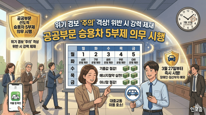 활기차게 출근하는 공공기관 로비에서 '인포줍'의 블로그 페르소나와 동료가 '공공부문 승용차 5부제 의무 시행' 안내판과 표를 가리키며 열정적으로 설명하는 훈훈한 일러스트. 안내판 상단에는 "위기 경보 '주의' 격상!"과 "위반 시 강력 제재"라는 텍스트가integrated 되어 있다. 전체적으로 따뜻하고 협력적인 분위기의 인포그래픽 포스터.