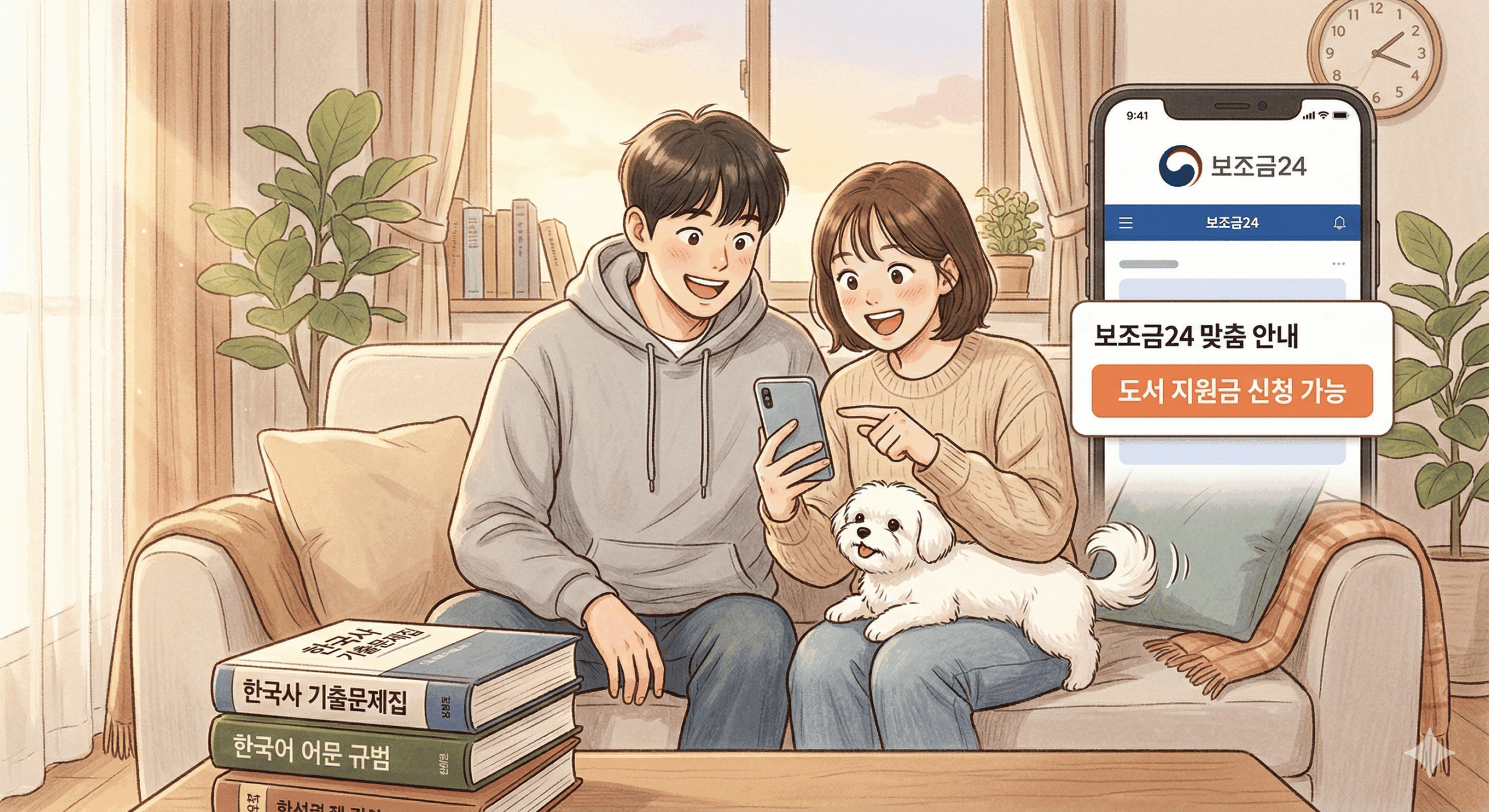 아늑한 거실 소파에 편안한 차림으로 앉아 스마트폰을 들고 있는 청년과 짝꿍, 그리고 그 곁에 찰싹 붙어 꼬리를 흔드는 귀여운 반려견의 따뜻한 일러스트. 스마트폰 화면에는 '보조금24 맞춤 안내 - 도서 지원금 신청 가능' 창이 크게 떠 있고, 두 사람은 예상치 못한 혜택을 발견하고 환하게 웃으며 기뻐하고 있다. 거실 테이블 위에는 두꺼운 한국사 기출문제집과 한국어 어문 규범 책들이 쌓여 있어, 치열하지만 희망찬 수험생의 일상을 보여준다.
