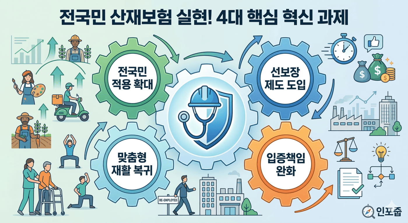 안전모, 청진기, 그리고 든든한 방패가 그려진 푸른색 엠블럼을 중심으로 4개의 톱니바퀴가 맞물려 돌아가는 깔끔한 인포그래픽. 각각의 톱니바퀴에는 '전국민 적용 확대', '선보장 제도 도입', '입증책임 완화', '맞춤형 재활 복귀'라는 텍스트가 적혀 있어, 산재보험 제도의 4대 핵심 혁신 방안이 유기적으로 작동하여 노동자의 권리를 철저하게 보호한다는 팩트를 명확하고 직관적으로 전달하고 있다.