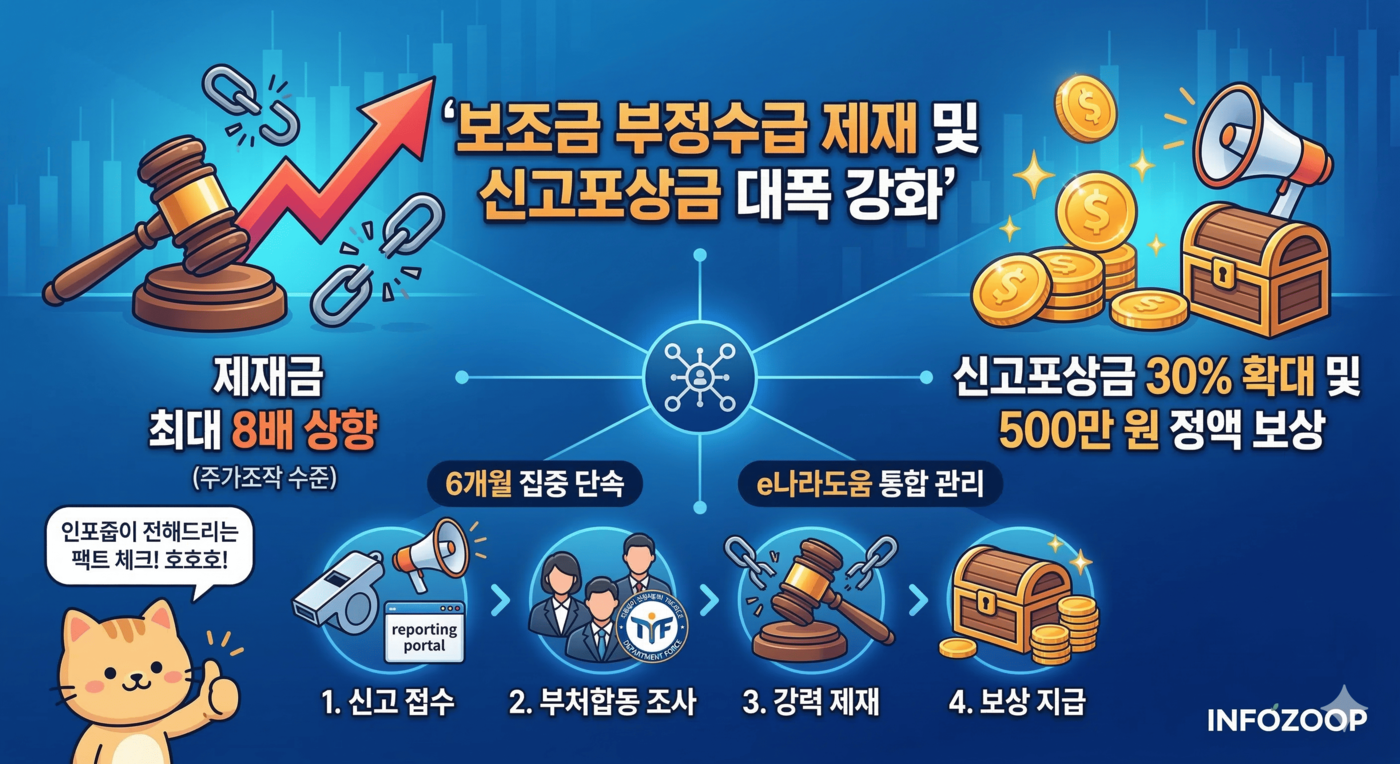 깔끔한 인포그래픽 형태의 이미지. 중앙에는 '국고보조금 부정수급 제재 및 신고포상금 대폭 강화'라는 굵은 텍스트가 적혀 있고, 왼쪽에는 '제재금 최대 8배 상향'을 상징하는 법봉 아이콘과 우상향 화살표가, 오른쪽에는 '신고포상금 30% 확대 및 500만 원 정액 보상'을 뜻하는 반짝이는 금화와 메가폰 아이콘이 대비를 이루며 직관적으로 배치되어 있다. 전체적으로 신뢰감을 주는 푸른색 계열의 배경을 사용하여 객관적인 팩트 전달을 강조한 디자인.