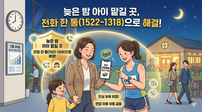 늦은 밤 안심하고 아이를 맡긴 워킹맘이 한 손으로는 아이의 손을 다정하게 잡고, 다른 한 손으로는 스마트폰 화면에 떠 있는 '야간 연장돌봄 1522-1318' 번호를 보며 환하게 웃고 있는 따뜻한 일러스트. 그 옆에는 마라톤 운동복을 입은 '인포줍' 캐릭터가 밝게 웃으며 스마트폰 화면을 함께 가리키고 있다. 배경에는 초승달이 뜬 밤하늘 아래 환하고 따뜻한 조명이 켜진 안전한 돌봄센터 건물이 보인다. 상단에는 "늦은 밤 아이 맡길 곳, 전화 한 통(1522-1318)으로 해결!"이라는 문구가 신뢰감을 주는 폰트로 큼직하게 적혀 있다.