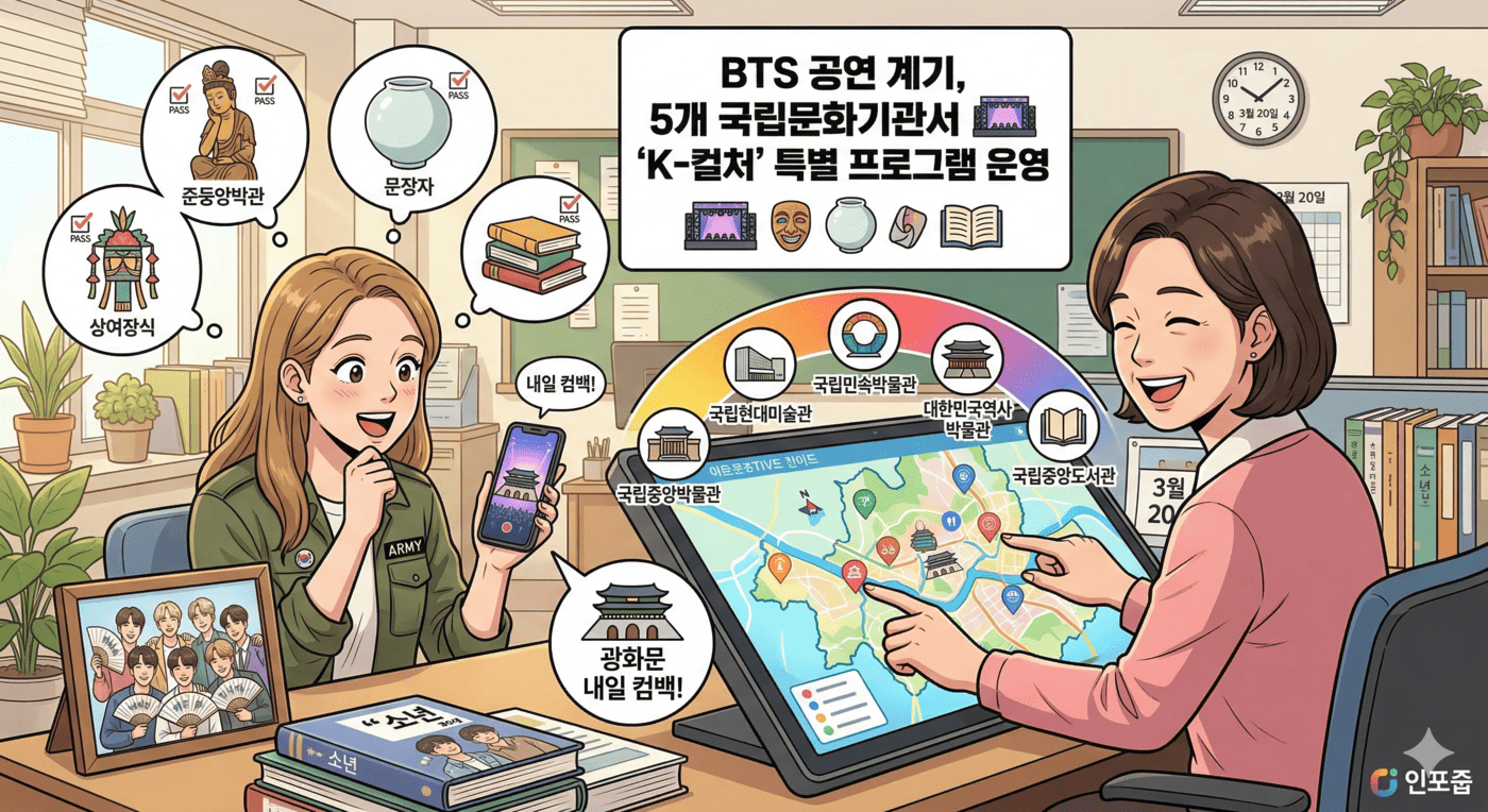 3월 20일, 학교 행정실에서 '인포줍' 직원이 원어민 선생님에게 BTS 광화문 컴백 공연 계기 5개 국립문화기관 K-컬처 특별 프로그램 및 서울 지도 안내.