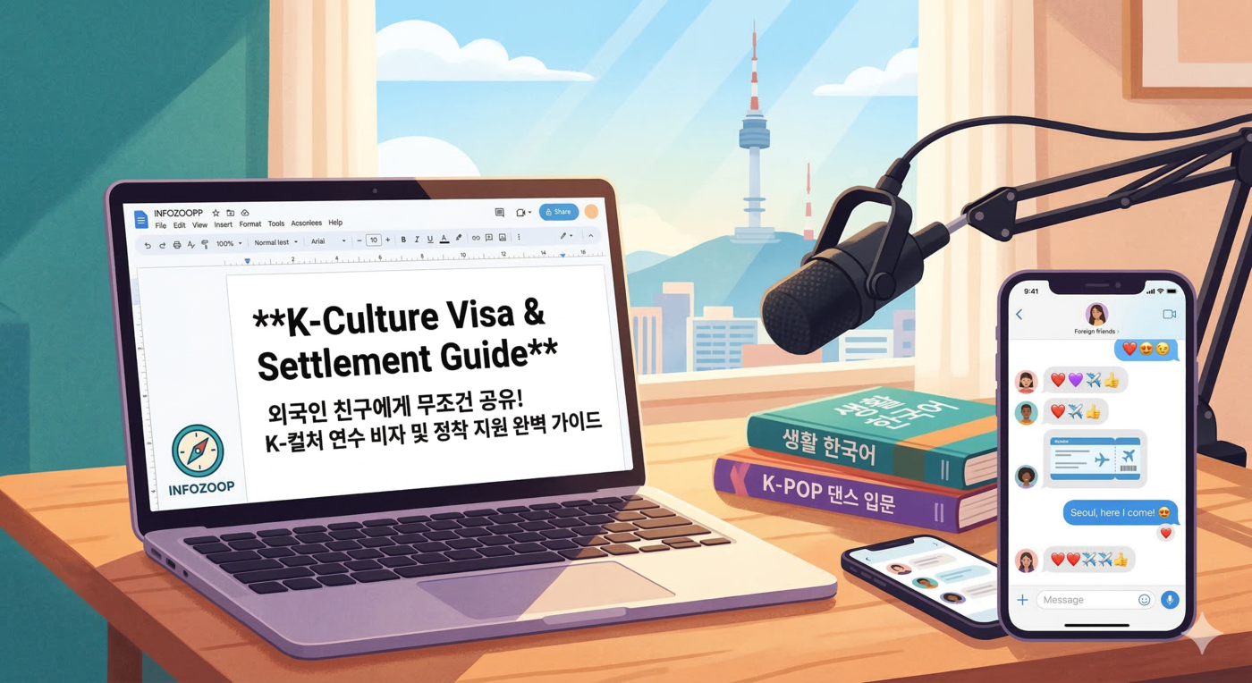 인포줍 로고가 작게 박힌 노트북 화면에 'K-컬처 연수 비자 및 정착 지원 가이드'라는 영문 번역본이 띄워져 있고, 마이크와 한국어 교재가 함께 놓여 있는 팟캐스트 녹음 환경을 묘사한 따뜻한 일러스트. 창밖으로는 맑은 하늘 아래 서울의 랜드마크인 남산 타워가 보이고, 노트북 화면 속 메신저에는 전 세계 외국인 친구들이 한국행 비행기 티켓 이미지와 함께 하트 이모티콘을 쏟아내며 기뻐하는 모습이 담겨 있어 문화 교류의 설렘과 기대감이 물씬 느껴진다.