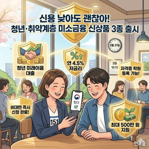 화창한 봄날의 카페에서 취업을 준비하는 사촌 동생과 '인포줍' 페르소나가 스마트폰 앱 '잇다' 화면을 보며 환하게 웃고 있는 희망찬 일러스트. 두 사람 위로 '청년 미래이음 대출', '연 4.5% 저금리', '최대 500만 원 지원'이라는 혜택 키워드가 직관적인 동전 및 새싹 아이콘과 함께 비대칭적으로 유기성 있게 떠 있다. 상단에는 "신용 낮아도 괜찮아! 청년·취약계층 미소금융 신상품 3종 출시"라는 문구가 큼직하고 신뢰감 있는 한국어 폰트로 적혀 있다. 전체적으로 따뜻하고 희망적인 분위기의 블로그 인포그래픽 포스터.