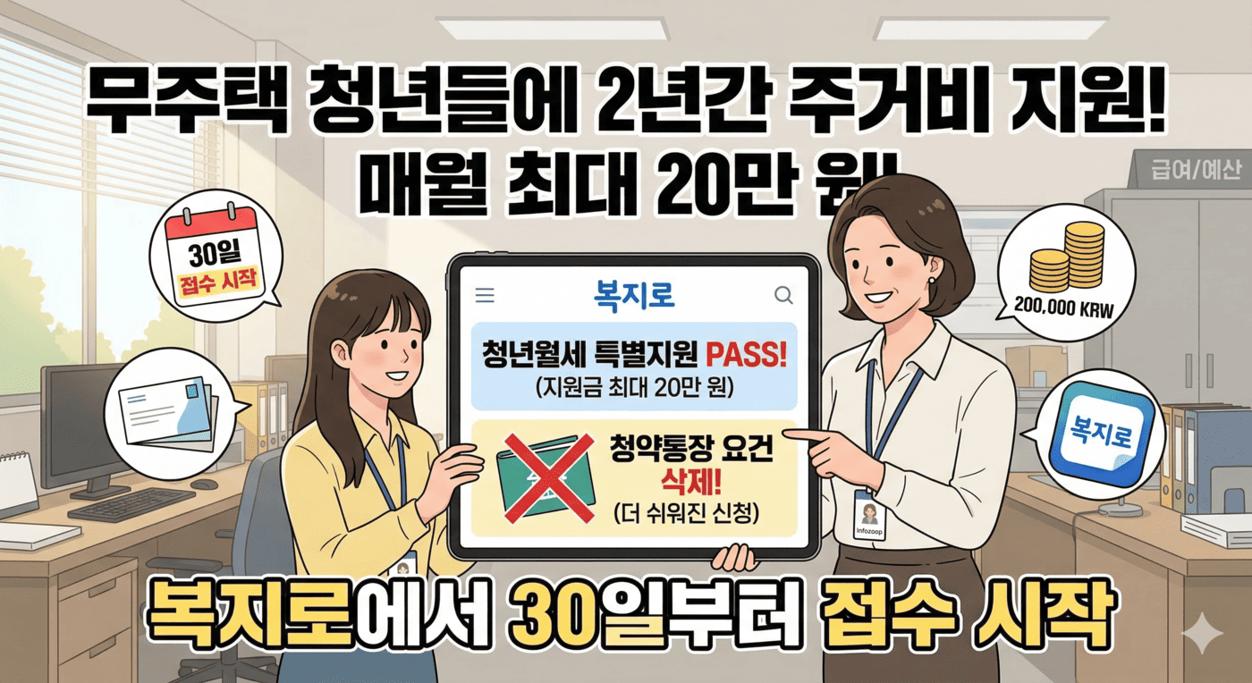 "무주택 청년들에게 2년간 매월 최대 20만 원의 주거비를 지원하는 '청년월세 특별지원' 정책 안내 인포그래픽. 핵심 정보인 '청약통장 요건 삭제'와 '30일부터 복지로 접수 시작'을 강조하고 있다."