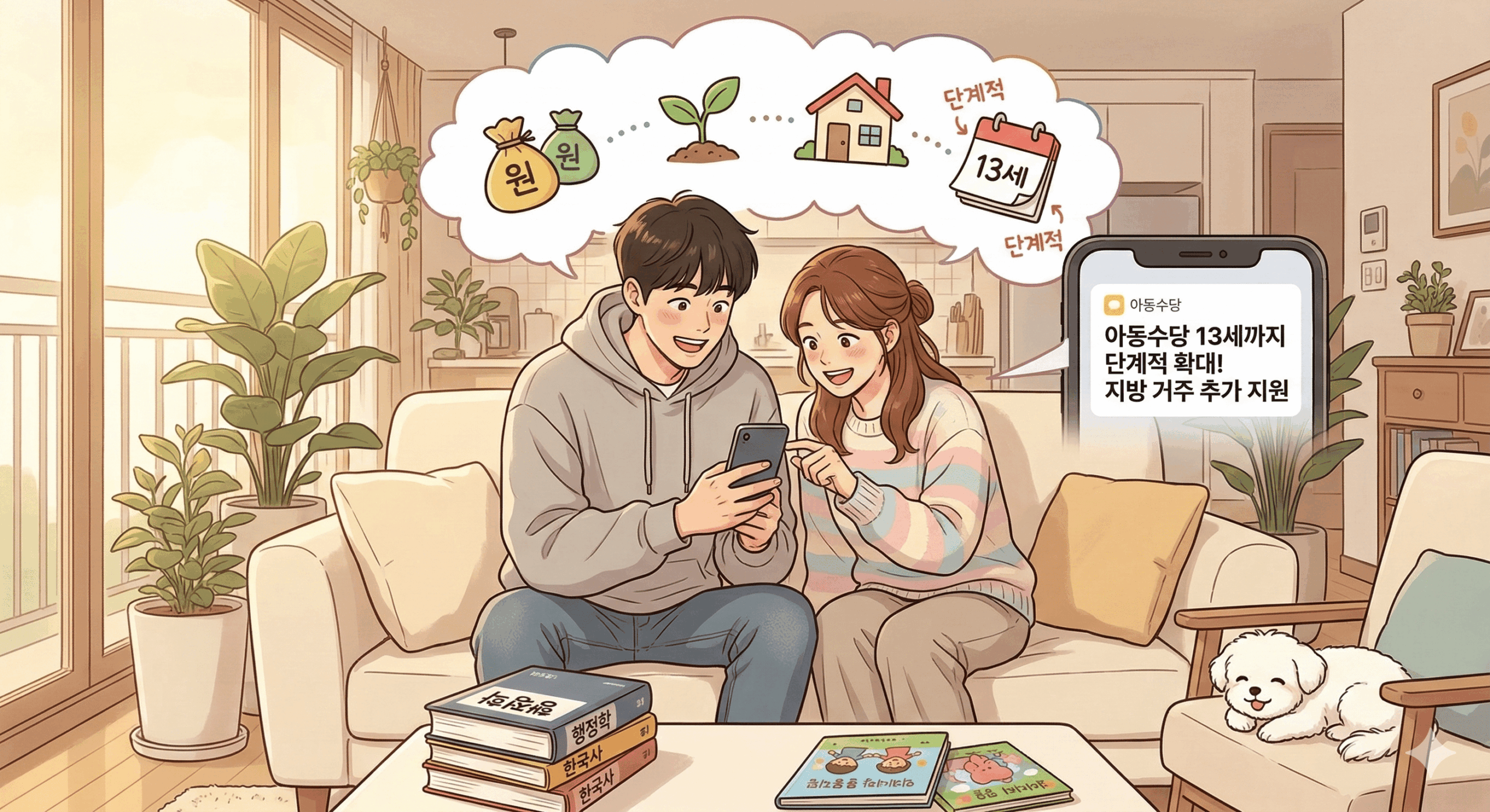 아늑한 거실, 아이를 위한 그림책과 장난감이 깔끔하게 정리된 공간에서 가벼운 차림의 청년과 짝꿍 재순이가 귀여운 조카 '린오'와 함께 바닥에 앉아 블록 놀이를 하며 환하게 웃고 있는 따뜻한 일러스트. 탁자 위 스마트폰 화면에는 '아동수당 13세까지 전격 확대!'라는 뉴스가 떠 있어, 경제적 부담을 덜고 아이의 성장을 온전히 축복하는 가족들의 여유롭고 행복한 분위기가 전해진다.