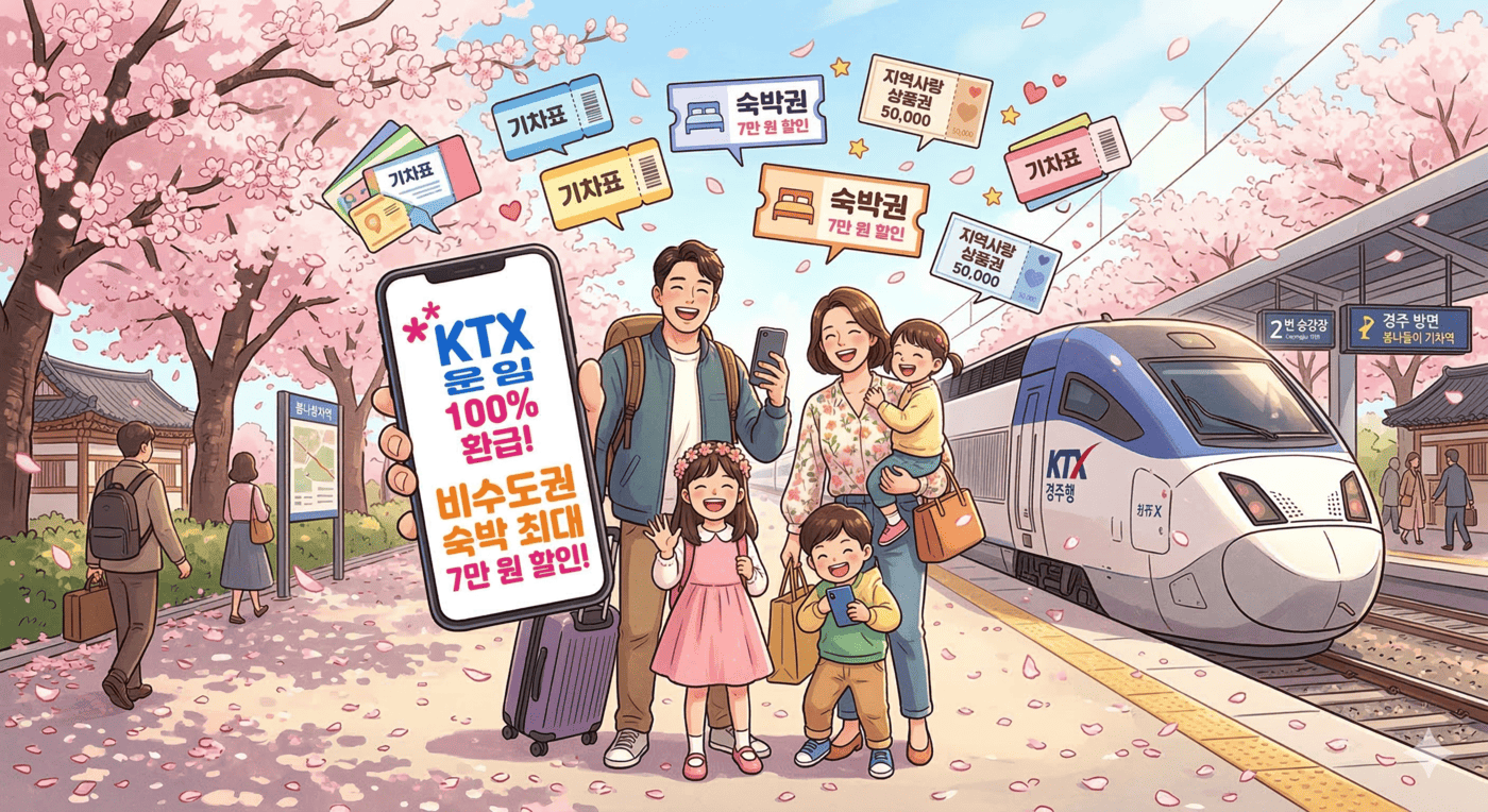 화사한 벚꽃이 흩날리는 기차역 플랫폼을 배경으로, 여행 가방을 든 쾌활한 모습의 가족이 스마트폰 화면을 들어 보이며 활짝 웃고 있는 일러스트. 스마트폰 화면에는 'KTX 운임 100% 환급!', '비수도권 숙박 최대 7만 원 할인!'이라는 글자가 크게 강조되어 있으며, 주변에는 기차표, 숙박권, 지역사랑 상품권 아이콘들이 팝업처럼 떠올라 있어 국가의 여행 지원 혜택 덕분에 한결 가볍고 즐거운 봄나들이 분위기가 생생하게 전해진다.