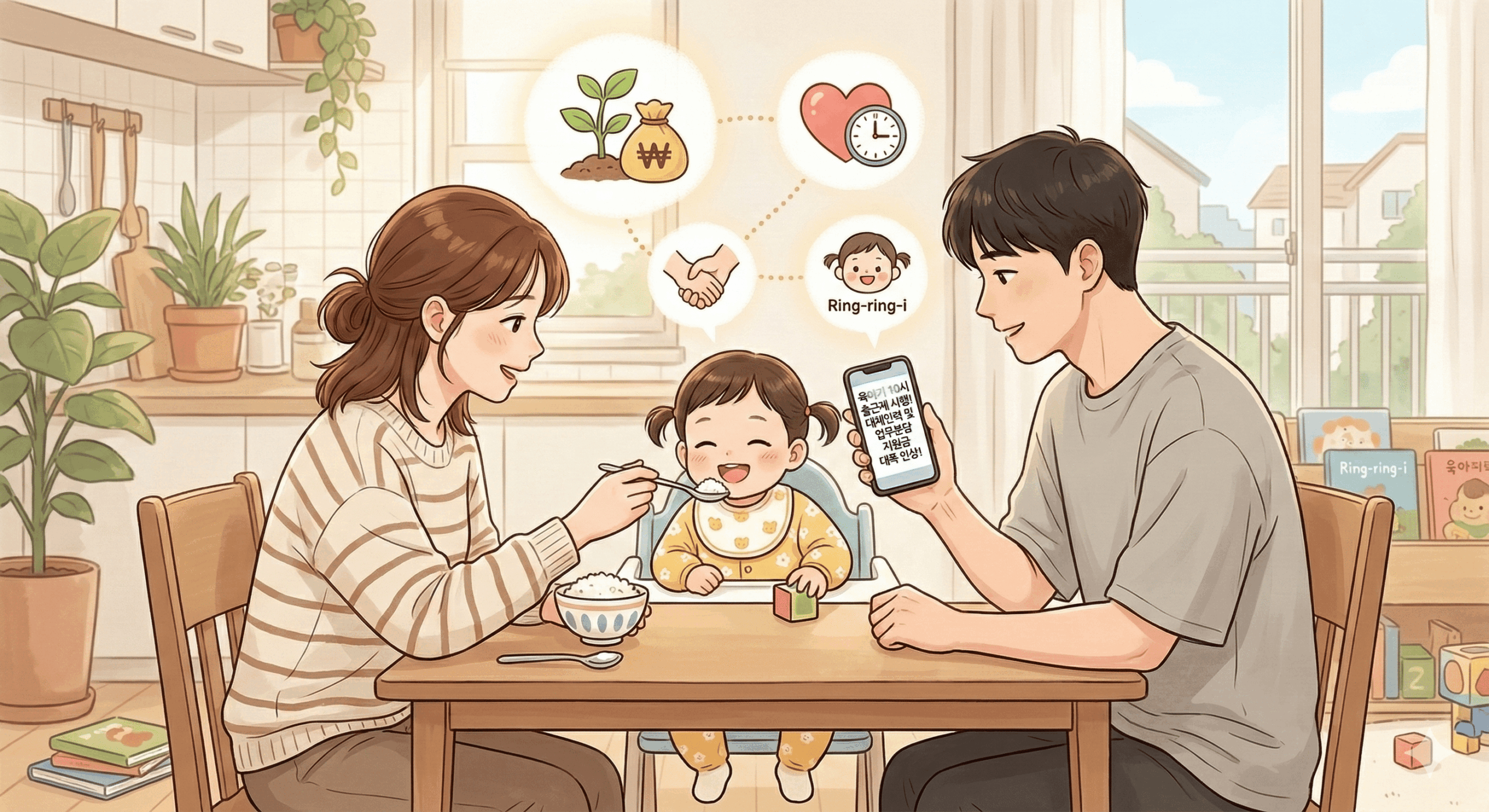 아침 햇살이 밝게 비추는 주방 식탁에서, 여유로운 미소를 지으며 귀여운 조카 링링이에게 밥을 먹여주는 언니와 형부의 따뜻한 일러스트. 탁자 위 스마트폰 화면에는 '육아기 10시 출근제 시행, 대체인력 및 업무분담 지원금 대폭 인상!'이라는 뉴스가 떠 있고, 매일 아침 출근 전쟁에서 벗어나 아이와의 소중한 시간에 집중할 수 있게 된 맞벌이 부부의 행복하고 안정된 일상이 고스란히 느껴진다.