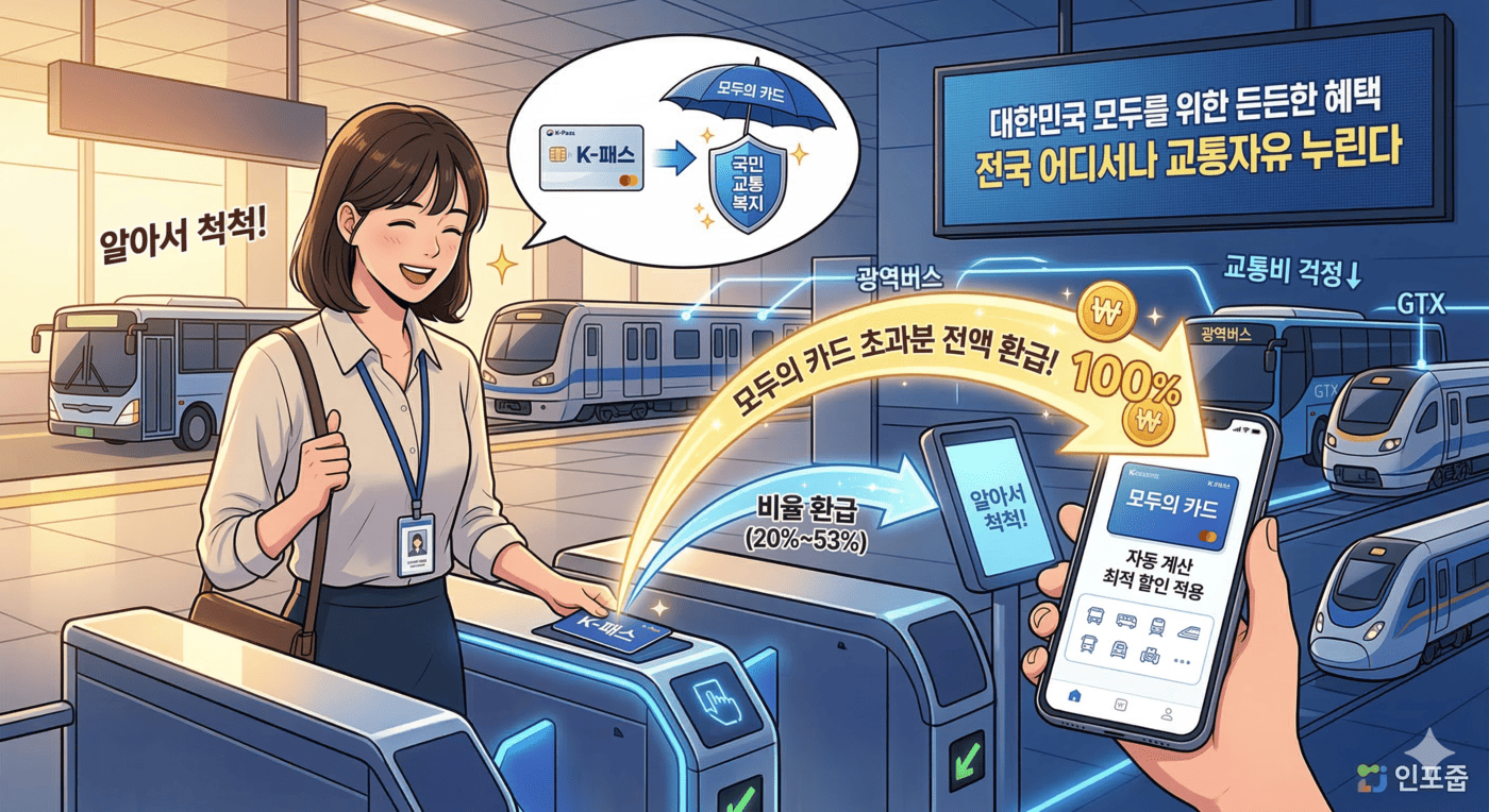 벚꽃이 흩날리는 현대적인 기차역 플랫폼에서, 직장인 여성이 환하게 웃으며 'K-패스' 카드를 전철 개찰구에 태그하고 있습니다. 화면 우측에는 대한민국 전액 환급 '모두의 카드' 전격 도입 및 자동 계산 최적 할인 적용이라는 텍스트가 크게 강조되어 있습니다. 태그된 카드에서 뻗어 나온 화살표는 시내버스, 지하철, 광역버스, GTX 등 다양한 교통수단 아이콘과 연결되며, 기존 K-패스의 비율 환급(20%~53%)에서 진화하여 모두의 카드의 초과분 전액 환급이 시스템에 의해 알아서 최적 적용됨을 시각적으로 보여줍니다. 인포줍 로고가 있습니다.