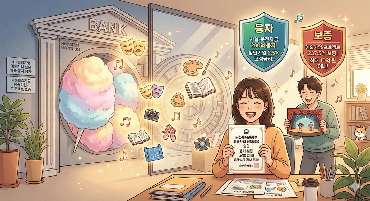 깔끔하고 세련된 인포그래픽. 중앙에는 캔버스와 마이크, 연극 무대 마스크 등 예술을 상징하는 아이콘들이 금화가 가득 담긴 주머니 위에서 빛나고 있다. 좌우로는 각각 '예술 융자 200억(시설/운영자금, 청년 2.5% 고정)', '예술 보증 237.5억(프로젝트 최대 10억 지원)'이라는 명확한 핵심 혜택 문구가 적혀 있어, 정부의 든든한 437.5억 원 규모의 금융 지원이 예술인들의 창작 활동과 성장을 든든하게 받쳐준다는 희망적인 메시지를 직관적으로 전달한다.