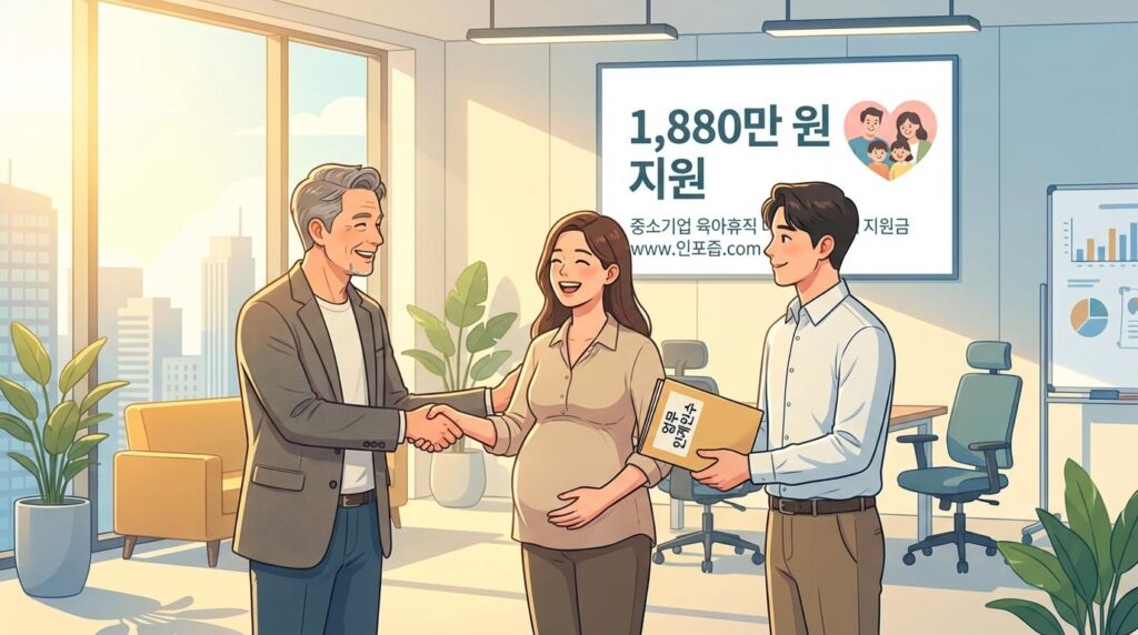 따스한 햇살이 비치는 현대적인 사무실에서 중소기업 사장님과 육아휴직을 앞둔 활짝 웃는 표정의 여직원이 새로 채용된 든든한 대체인력 청년 직원과 함께 밝게 인사하며 업무 인수인계 서류를 주고받는 모습입니다. 배경의 벽면에는 '1,880만 원 지원'이라는 문구와 함께 행복한 가족의 모습을 형상화한 로고가 그려진 포스터가 붙어 있어, 국가 지원을 통해 업무 공백 걱정 없이 상생하는 중소기업의 긍정적이고 훈훈한 분위기를 상징적으로 나타내고 있습니다.