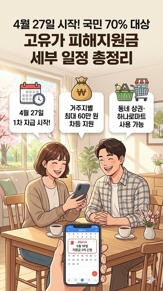 화창한 봄날의 거실 식탁, 마주 앉은 블로거 '인포줍'과 짝꿍 재순이가 스마트폰 달력 앱에 '5월 18일 지원금 2차 신청' 알람을 설정하며 안도하는 표정으로 환하게 웃고 있는 일러스트. 두 사람 위로 '4월 27일 1차 지급 시작!', '거주지별 최대 60만 원 차등 지원', '동네 상권·하나로마트 사용 가능'이라는 세 가지 핵심 정보 키워드가 달력, 든든한 돈 봉투, 장바구니 아이콘과 함께 유기적으로 둥둥 떠 있다. 상단에는 "4월 27일 시작! 국민 70% 대상 고유가 피해지원금 세부 일정 총정리"라는 제목이 큼직하고 신뢰감 있는 폰트로 강조되어 있다. 고물가 위기 속에서도 든든한 지원금 덕분에 희망차고 긍정적인 분위기가 느껴지는 블로그 인포그래픽 포스터.