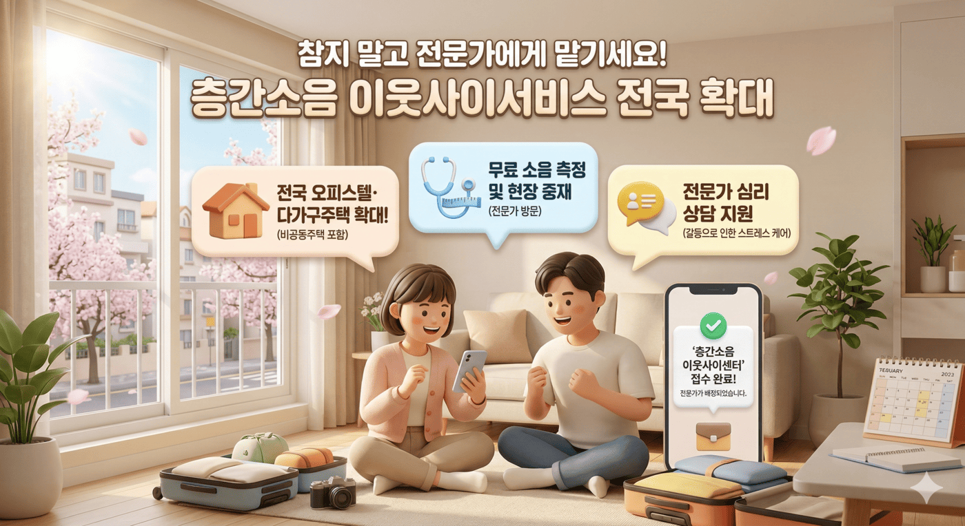 화창한 봄날, 편안한 오피스텔 거실에서 여행 가방을 싸던 블로거 '인포줍'과 짝꿍 재순이가 스마트폰 화면에 뜬 '층간소음 이웃사이센터' 접수 완료 알림을 보며 안도하는 표정으로 활짝 웃고 있는 일러스트. 두 사람 위로 '전국 오피스텔·다가구주택 확대!', '무료 소음 측정 및 현장 중재', '전문가 심리 상담 지원'이라는 세 가지 핵심 혜택이 직관적인 집, 청진기, 상담 말풍선 아이콘과 함께 유기적으로 떠 있다. 상단에는 "참지 말고 전문가에게 맡기세요! 층간소음 이웃사이서비스 전국 확대"라는 제목이 큼직하고 신뢰감 있는 폰트로 적혀 있다. 전체적으로 갈등이 해결되어 홀가분하고 희망적인 분위기의 블로그 인포그래픽 포스터.