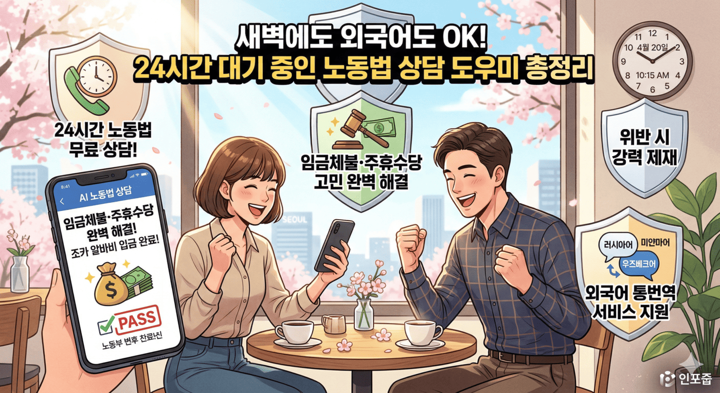 화창한 봄날의 단골 카페, 마주 앉은 블로거 '인포줍'과 짝꿍 재순이가 스마트폰 화면에 뜬 'AI 노동법 상담' 결과를 보며 밀린 알바비를 무사히 받게 된 조카의 소식에 주먹을 불끈 쥐고 환호하는 생동감 넘치는 일러스트. 두 사람 위로 '24시간 노동법 무료 상담!', '임금체불·주휴수당 고민 완벽 해결', '외국어 통번역 서비스 지원'이라는 세 가지 핵심 혜택 키워드가 직관적인 스마트폰 시계, 법원 망치, 통역 말풍선 아이콘과 함께 유기적으로 둥둥 떠 있다. 상단에는 "새벽에도 외국어도 OK! 24시간 대기 중인 노동법 상담 도우미 총정리"라는 제목이 큼직하고 신뢰감 있는 폰트로 강조되어 있다. 전체적으로 억울한 노동 문제가 말끔히 해결되어 통쾌하고 든든한 분위기의 블로그 인포그래픽 포스터.