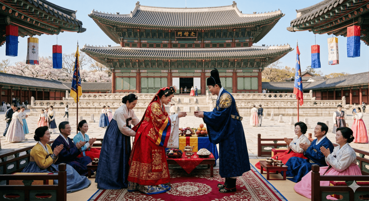 한국의 고궁에서 한국의 전통 의상을 입고 전통 결혼식을 하고있는 커플 한쌍