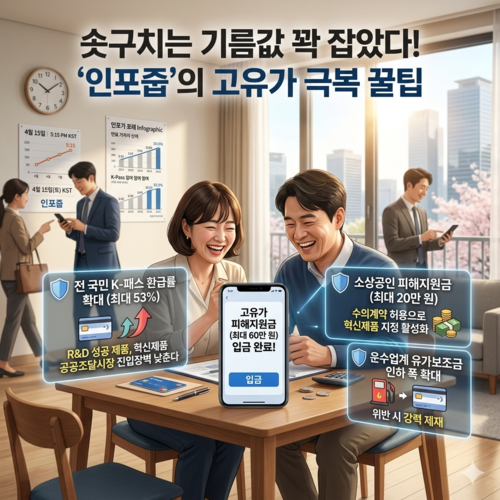 '인포줍'의 블로그 페르소나와 짝꿍 재순이가 화창한 봄날, 편안한 거실 식탁에서 스마트폰을 공유하며 안도와 기쁨으로 웃고 있습니다. 스마트폰 화면에는 '고유가 피해지원금 (최대 60만 원)' 입금 완료 알림이 선명하게 떠 있으며, 그 주변으로 '전 국민 K-패스 환급률 확대 (최대 53%)', '소상공인 피해지원금 (최대 20만 원)', '운수업계 유가보조금 인하 폭 확대'라는 세 가지 핵심 혜택 정보가 직관적인 아이콘과 함께 photorealistic 정보 패널로 통합되어 있습니다. 상단에는 "솟구치는 기름값 꽉 잡았다! '인포줍'의 고유가 극복 꿀팁"이라는 제목이 전문적인 서체로 강조되어 있어, 고물가 위기를 지혜롭게 이겨내는 블로그 글의 희망적인 분위기의 3D 포스터